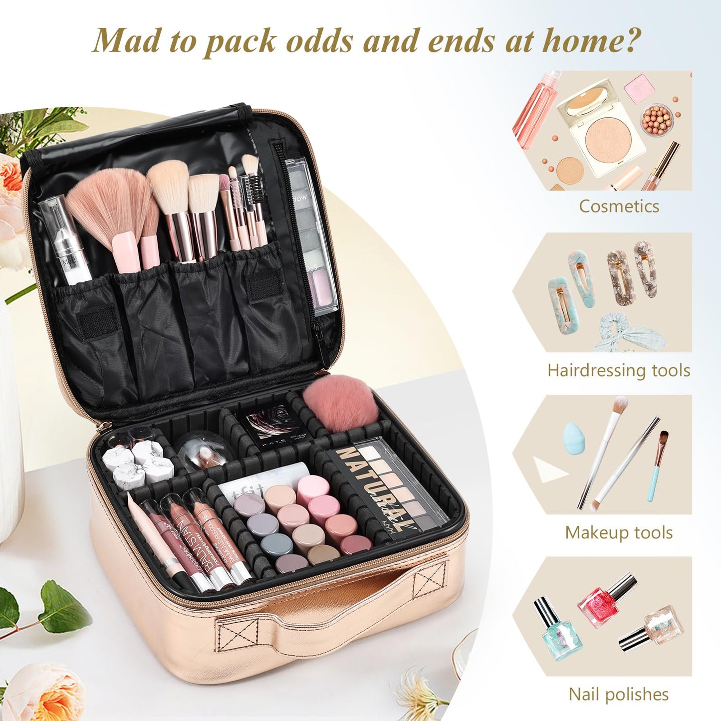 Joligrace Makeup Bag Cosmetic Case Vanity Travel Beauty Box Make Up Train Case Hairdressing Tools Organiser with Adjustable Compartment Oxford Fabric, Black