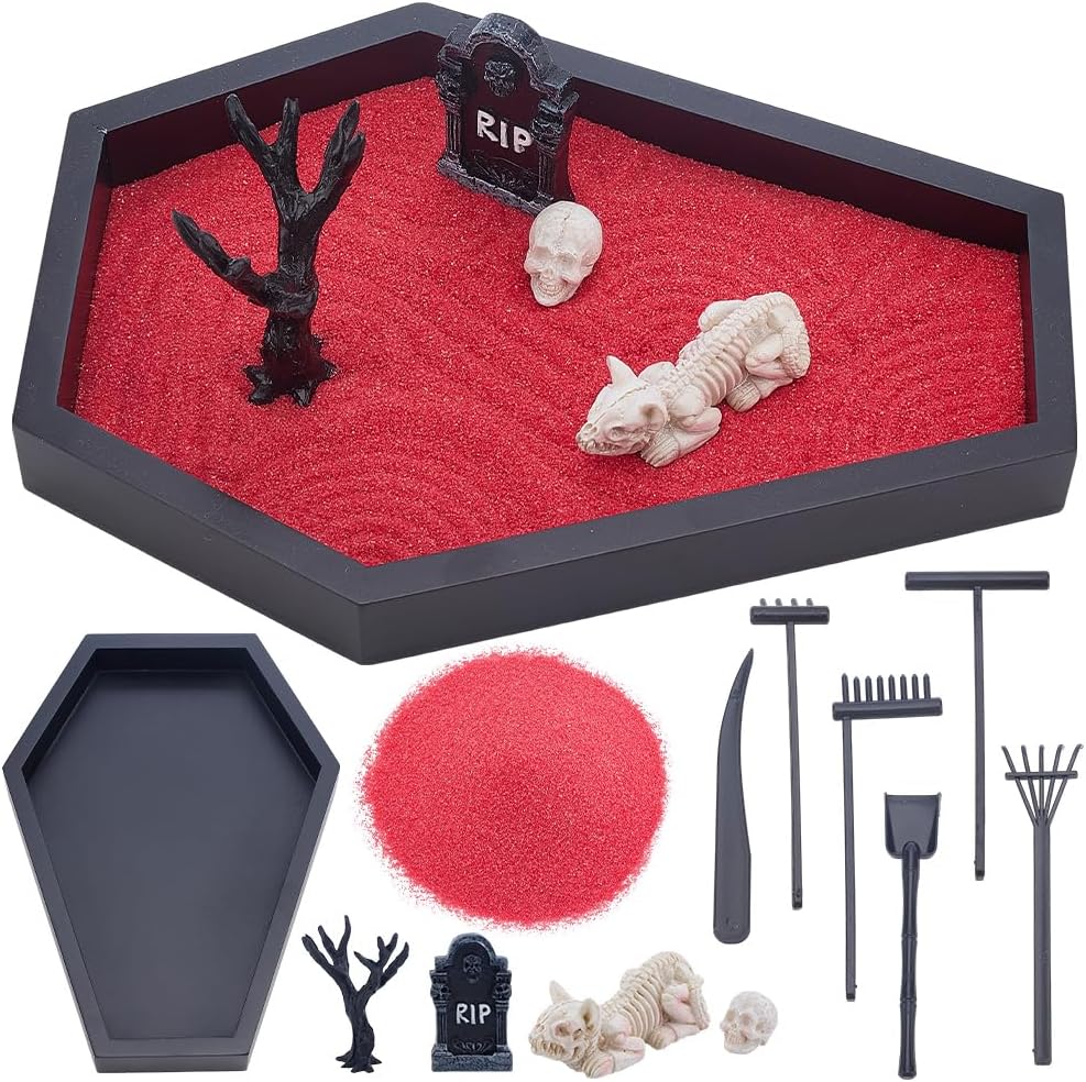 WEBEEDY Halloween Coffin Zen Garden Mini Sand Tray Kit for Desk, Therapy Zen Garden Kit with Red Sand and Tools, DIY Spooky Desktop Decor for Halloween Party & Home Office Decoration Goth Gift