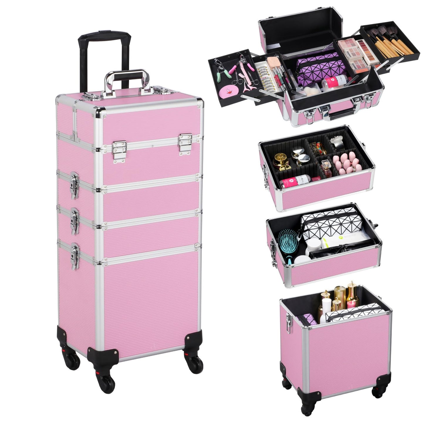 Yaheetech 4 in 1 Beauty Case Rolling Cosmetics Organiser Makeup Vanity Case Lockable Hairdressing Trolley Pink