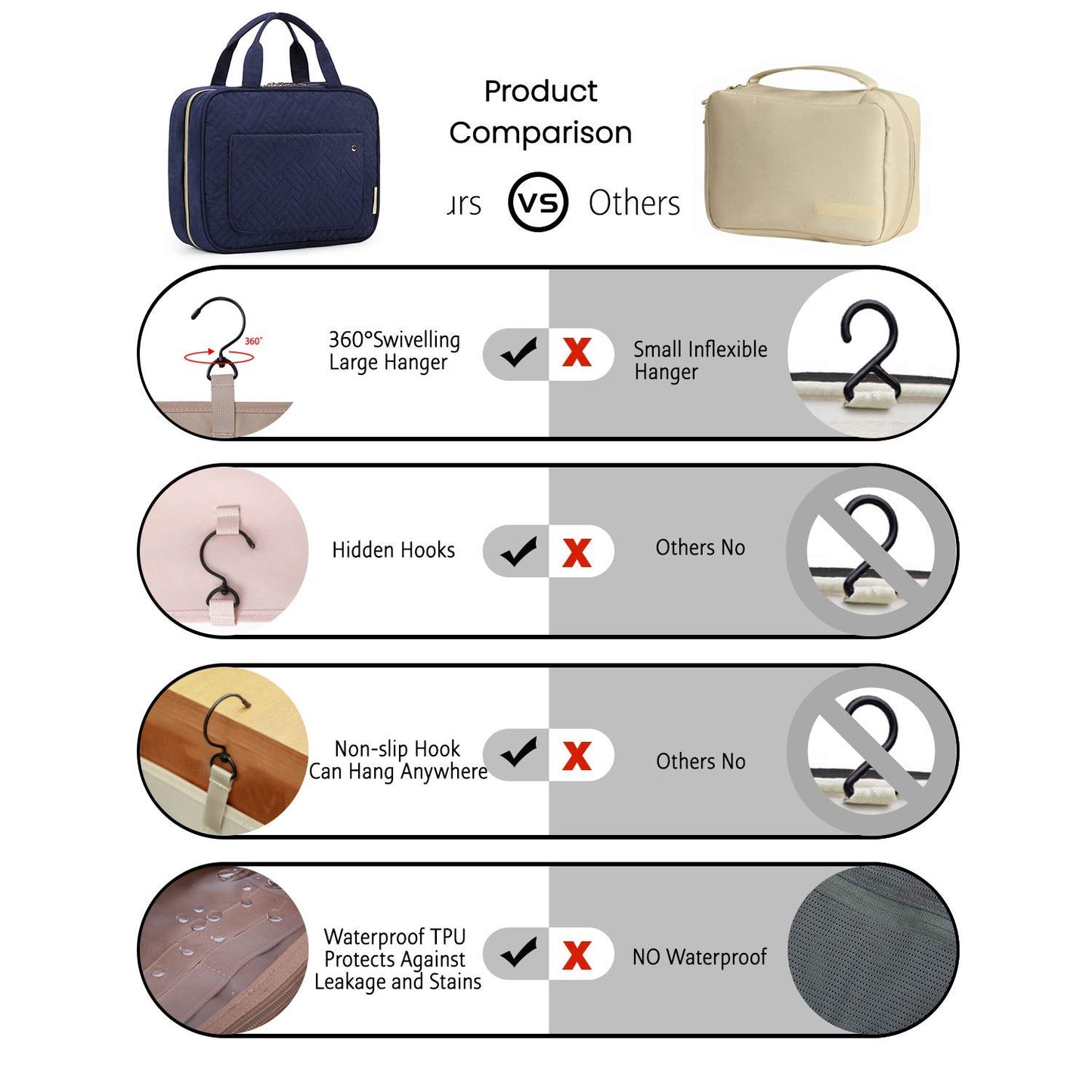 BAGSMART Large Hanging Toiletry Bag Travel Toiletry Bag Cosmetic Bag for Women, Black-Size L