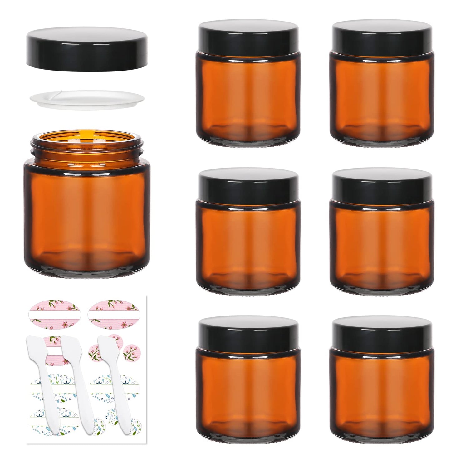 4 oz Amber Glass Round Jars with Black Lids, 6 Pack Empty Cosmetic Jars Face Cream Storage Containers for Powder,Lotion,Beauty Products,Travel Favors