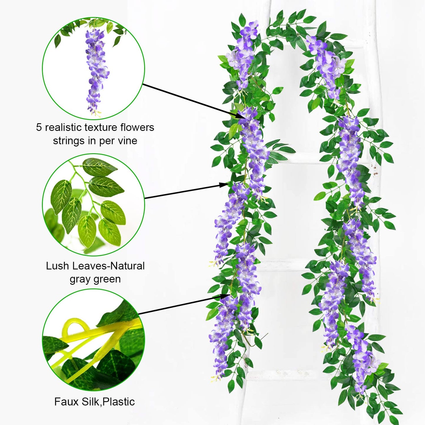 MOTONG Artificial Vine Flowers Decoration, 4Pcs (8FT/2.5M/piece) Artificial Wisteria Vines Garland Plants Flowers Arts For Ceremony Home Garden Wedding Party Decors (4Pcs Purple)