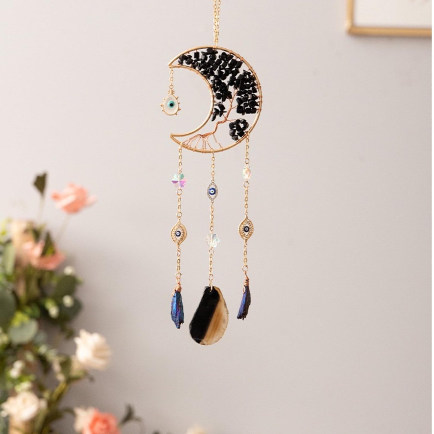 Moon Crystals Tree of Life Dream Catchers,Natural Gem Agate Wall Hangings for Windows Garden Home Décor (New moon shape)