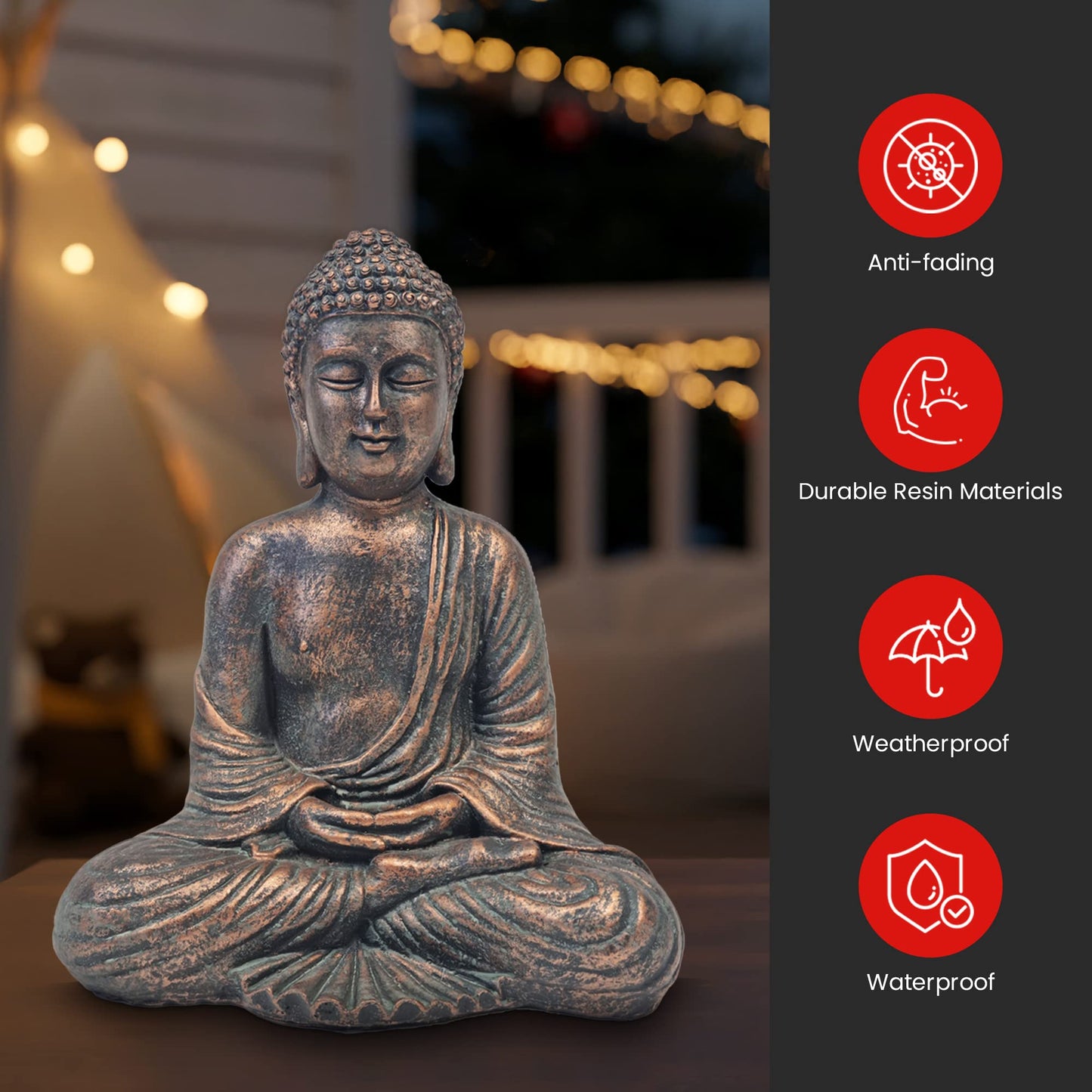 Sitting Buddha Garden Ornament Outdoor Statue Indoor Home Decor Bronzed Effect Figurine Table top Thai Meditating Décor Zen Weather Resistant 25cm Tall
