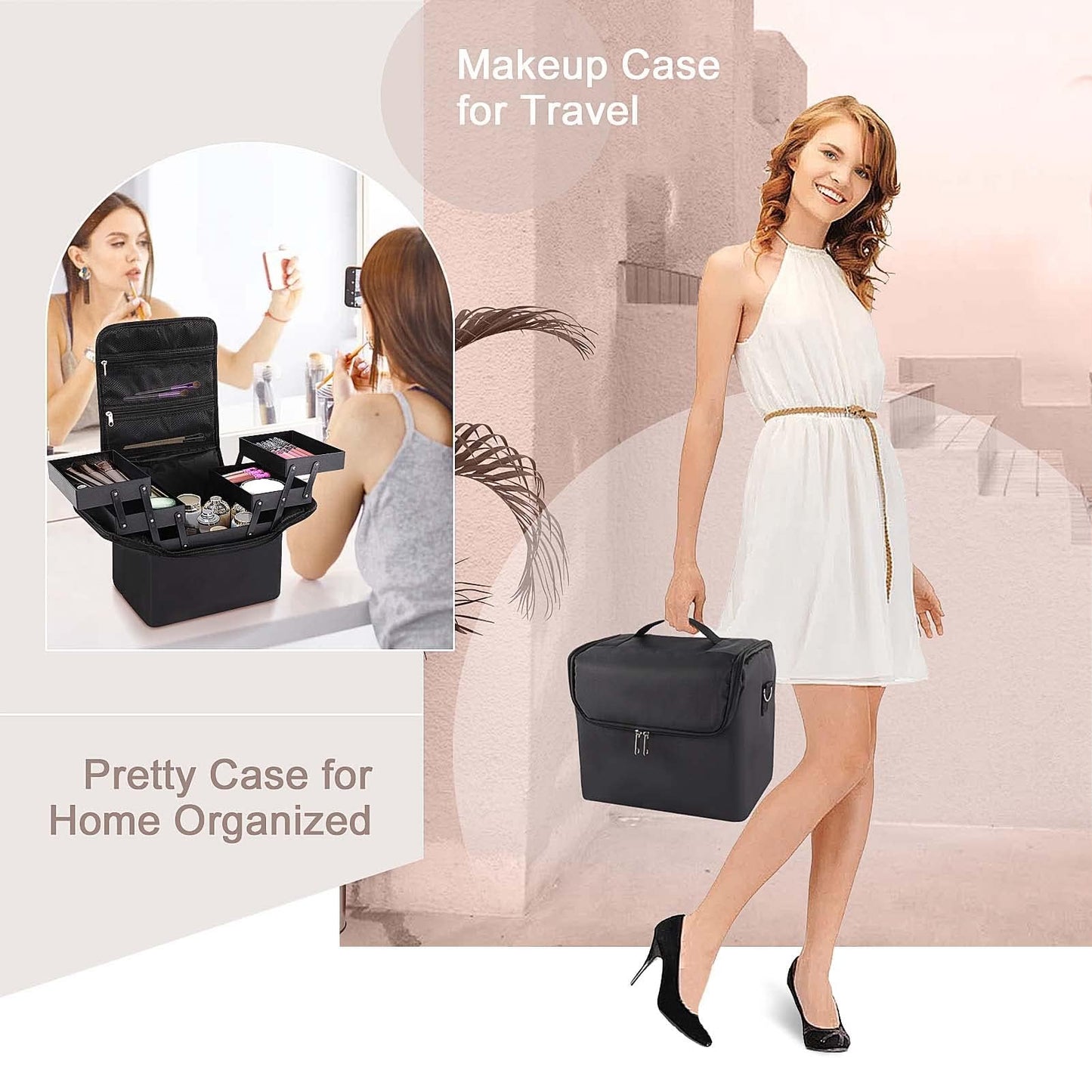 Makeup Case Large Vanity Case – 29x21x27cm Portable Cosmetic Organiser with Shoulder Strap – Professional Make Up Case for Travel & Home, Durable Nylon Storage Beauty Box