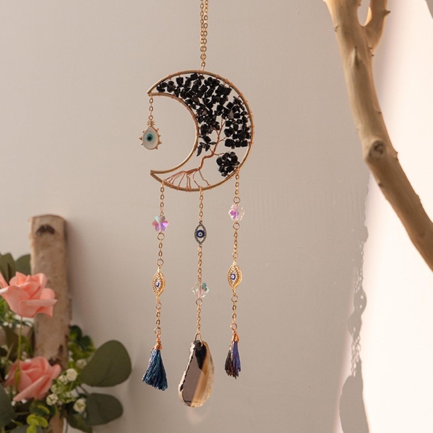 Moon Crystals Tree of Life Dream Catchers,Natural Gem Agate Wall Hangings for Windows Garden Home Décor (New moon shape)