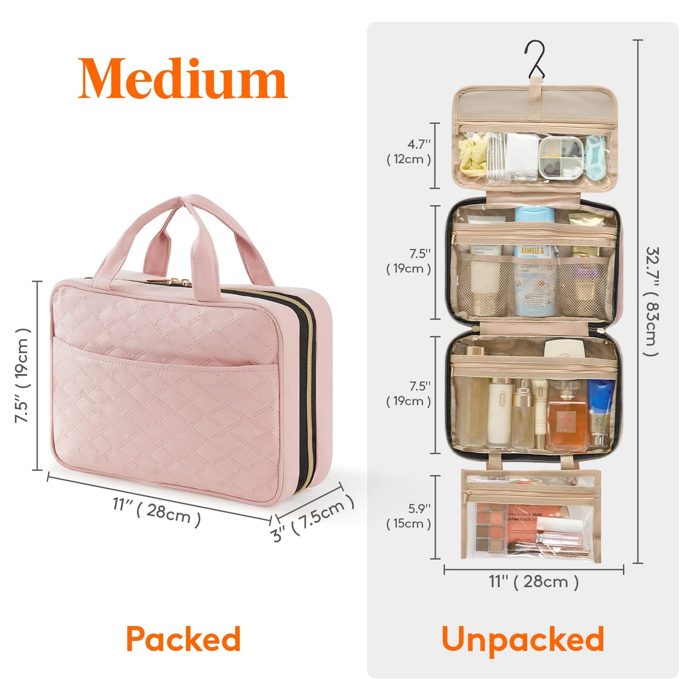 Lifewit Travel Toiletry Bag, Large Hanging Makeup Bag Organizer for Women, Transparent Travel Cosmetic Bag with Hanging Hook for Full Size Bottles, Vacation Essentials, Medium,Dark Blue