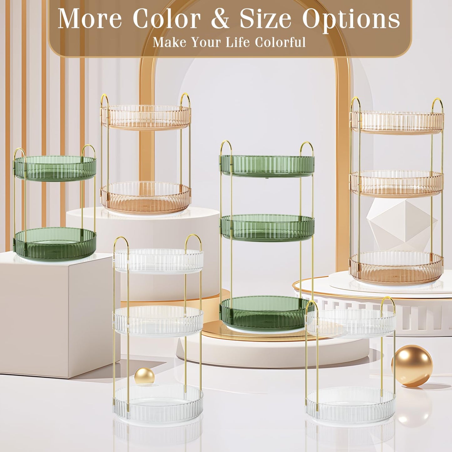 Boxalls Make up Organiser 360° Rotating, 3 Tier Large Capacity Bathroom Organizer, Cosmetics Vanity Storage, Dressing Table Organiser, Skincare Spinning Carousel for Skincare Perfume (3 Tiers, Green)