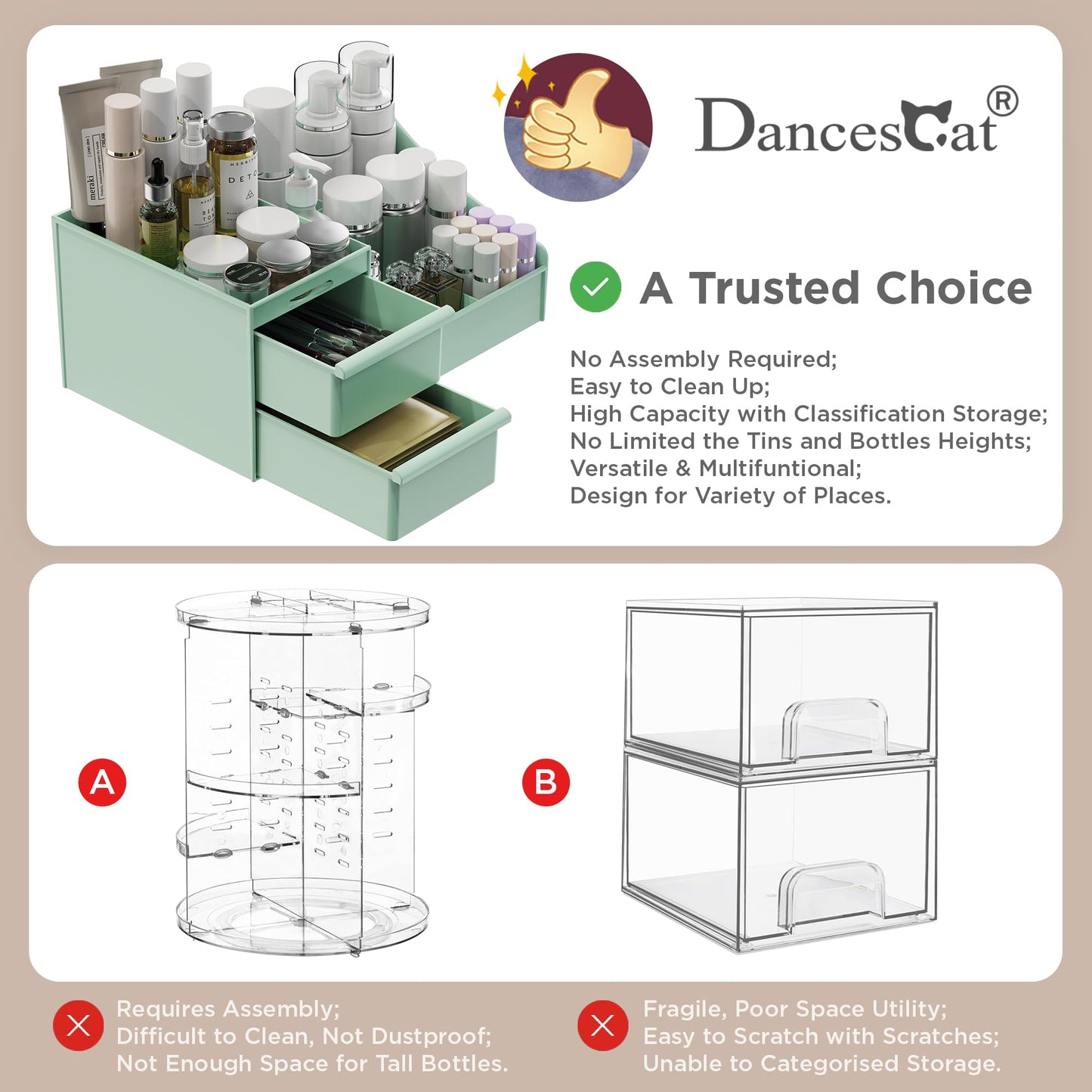 Makeup Organizer Storage Drawers, Large Capacity Cosmetic Organisers for Lipsticks, Jewelry, Nail Care, Skincare Organiser for Vanity, Ideal Desk Organizer for Dresser and Bathroom