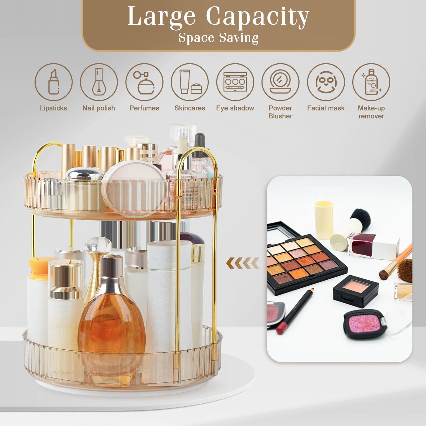 Boxalls Make up Organiser 360° Rotating, 3 Tier Large Capacity Bathroom Organizer, Cosmetics Vanity Storage, Dressing Table Organiser, Skincare Spinning Carousel for Skincare Perfume (3 Tiers, Green)