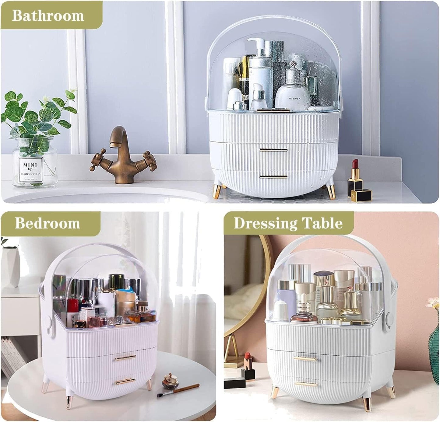 Makeup Organizer Box, Clear Cover Cosmetic Display Case with Two Tier Storage Box and Brush Storage Box, Skincare Organizers for Bathroom Countertop, Bedroom Vanity Desk and Travel (White)