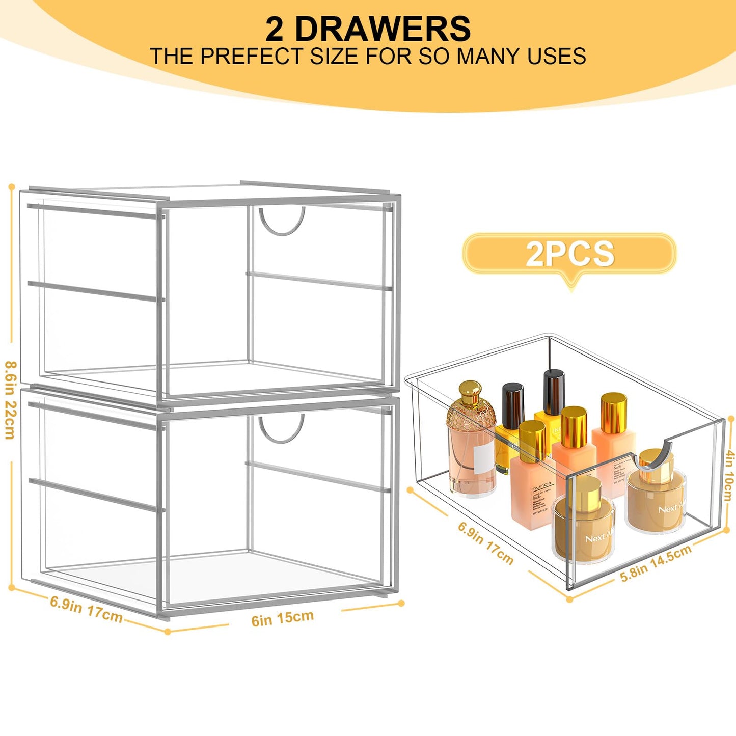 2 Pack Stackable Storage Drawers, Cosmetic Organizer, Make Up Organiser Storage, Perfume Organiser Dustproof Drawer Storage for Dresser, Bathroom, Desk