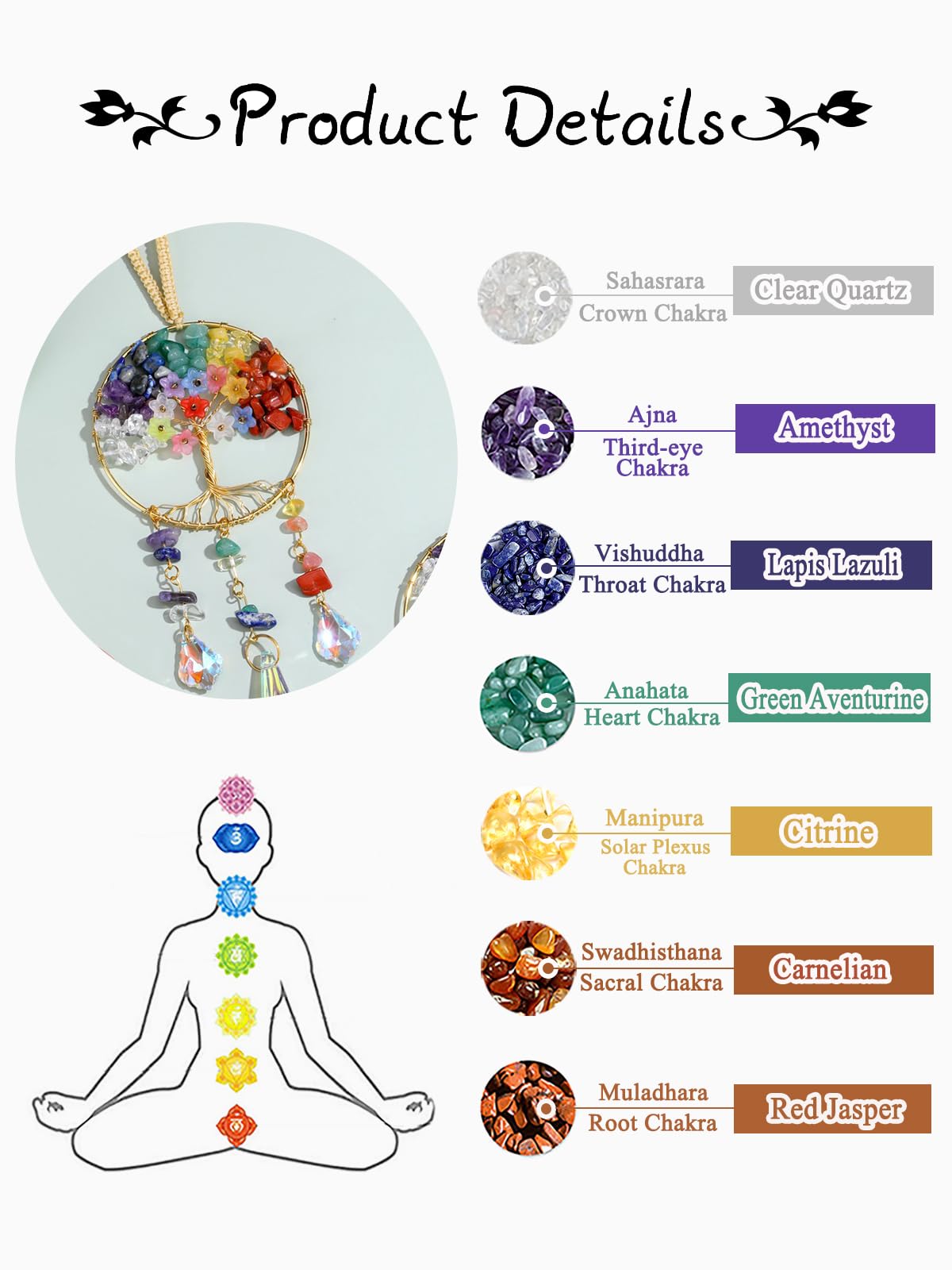 JOVIVI Chakra Tree of Life Crystals Suncatcher Hanging Ornaments Gifts for Women,Healing Crystal Gemstone Chakra Gifts,Sun Catchers for Windows Home Garden Decor