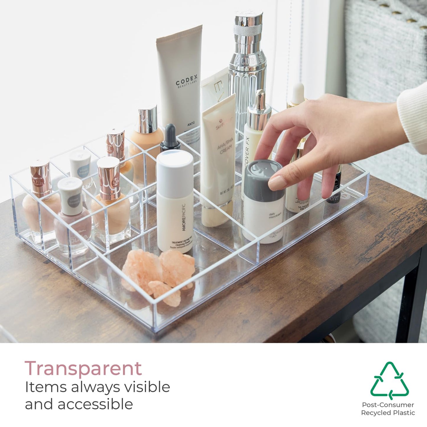 iDesign Storage Drawer from the Signature Series by Sarah Tanno, Rectangular PET Makeup Tray for Beauty Products, Cosmetic Organiser System, Clear/Matte White, 10.2 cm x 20.3 cm x 5 cm