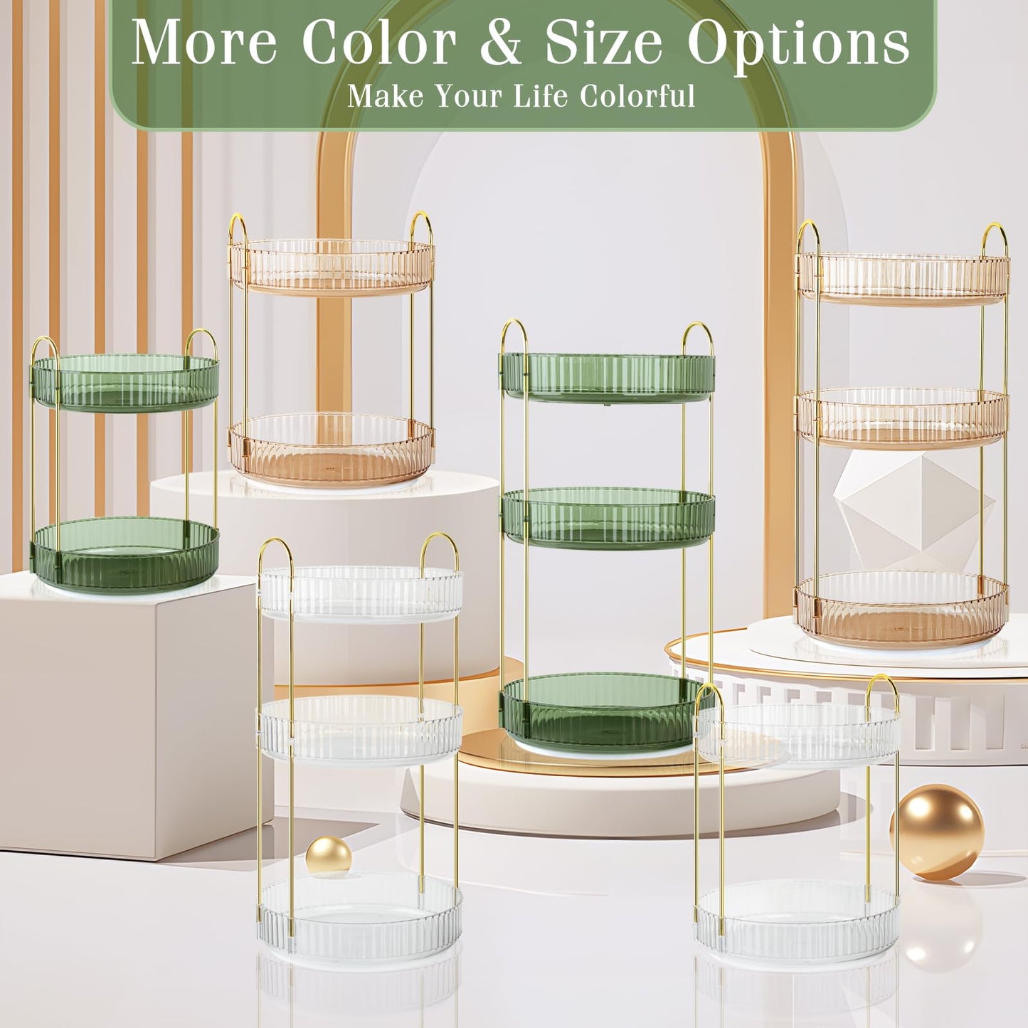 Boxalls Make up Organiser 360° Rotating, 3 Tier Large Capacity Bathroom Organizer, Cosmetics Vanity Storage, Dressing Table Organiser, Skincare Spinning Carousel for Skincare Perfume (3 Tiers, Green)