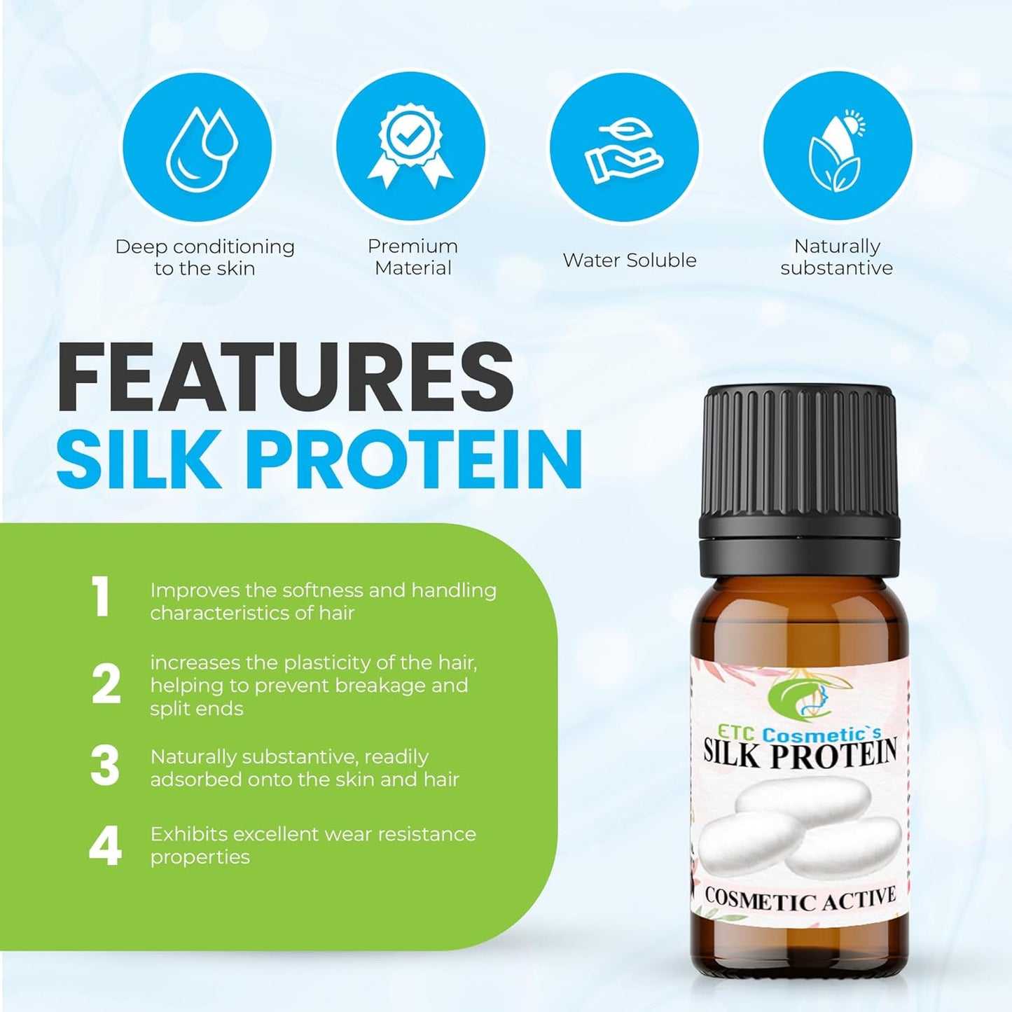 ETC Cosmetic`s Silk Protein - 12 gr - Cosmetic active - 100% Natural Origin - All type of hair and skin care products