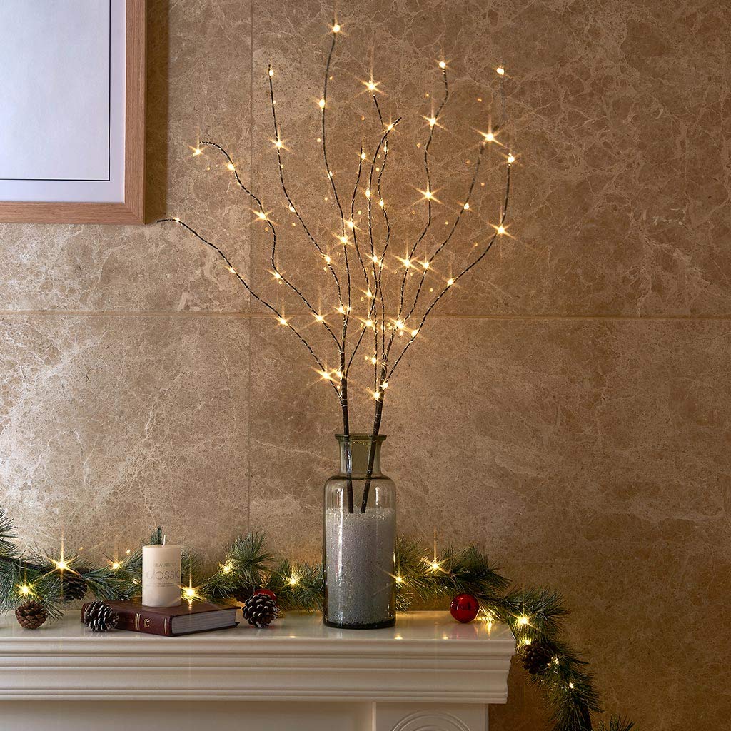 EAMBRITE 3PK 76cm Home Decorative Twig Lights Garden Stake Branch Lights with 60 Warm White LEDs Mains Powered Lighted Branches for Floor Vases Spring Xmas Decor Outdoor and Indoor