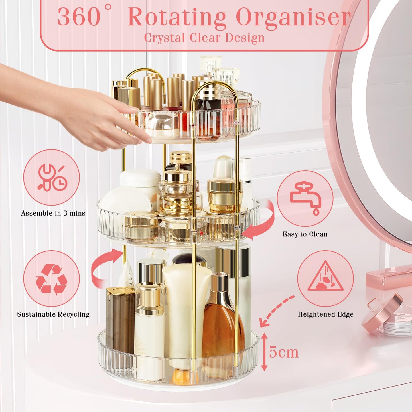 Boxalls Make up Organiser 360° Rotating, 3 Tier Large Capacity Bathroom Organizer, Cosmetics Vanity Storage, Dressing Table Organiser, Skincare Spinning Carousel for Skincare Perfume (3 Tiers, Green)