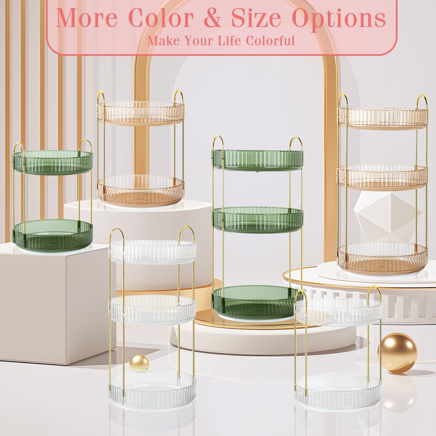 Boxalls Make up Organiser 360° Rotating, 3 Tier Large Capacity Bathroom Organizer, Cosmetics Vanity Storage, Dressing Table Organiser, Skincare Spinning Carousel for Skincare Perfume (3 Tiers, Green)