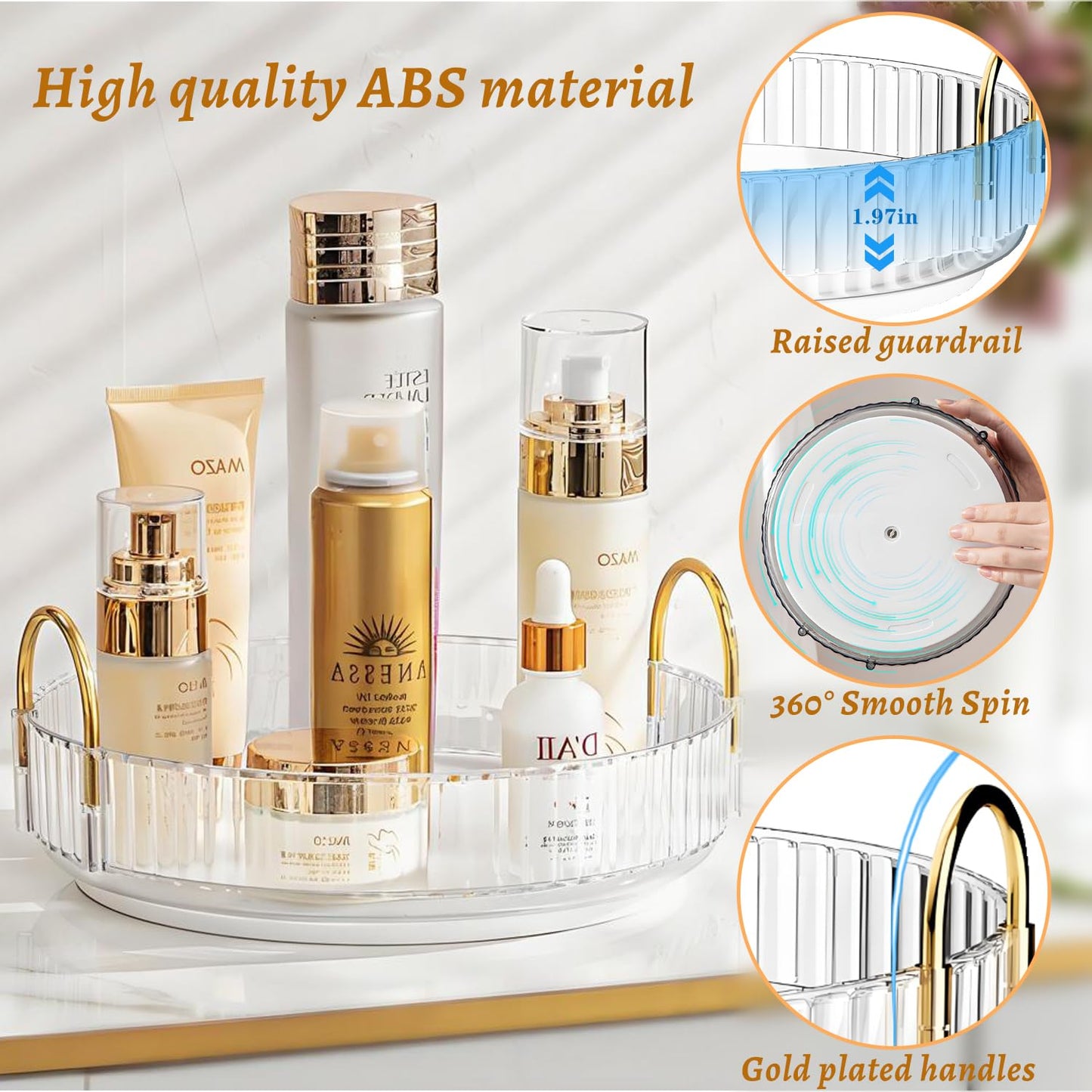 Makeup Organizer for Vanity 360 Rotating, Large Capacity Cosmetic Organisers for Lipsticks, Jewelry, Nail Care, Skincare, Perfume, Ideal Desk Organizer for Dresser, Bathroom and Kitchen(Gold, 1 Tier)