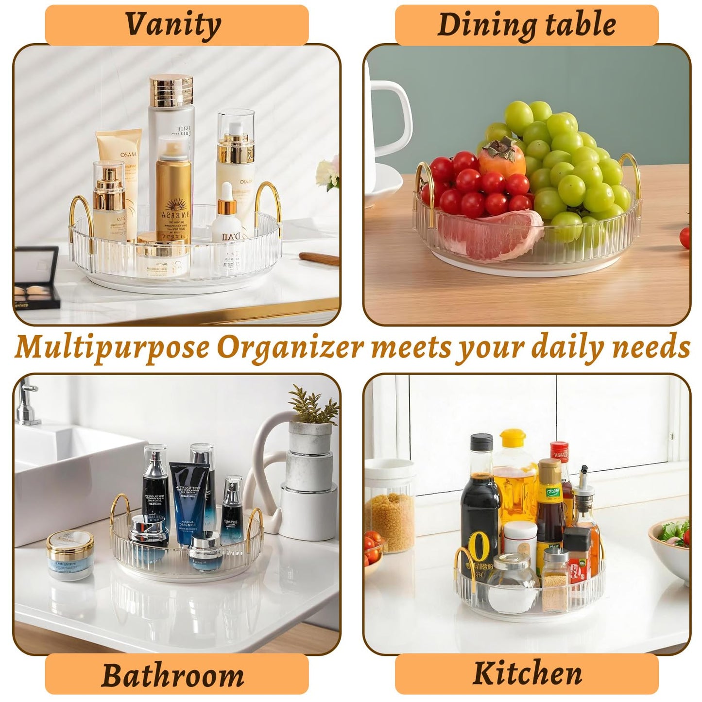 Makeup Organizer for Vanity 360 Rotating, Large Capacity Cosmetic Organisers for Lipsticks, Jewelry, Nail Care, Skincare, Perfume, Ideal Desk Organizer for Dresser, Bathroom and Kitchen(Gold, 1 Tier)