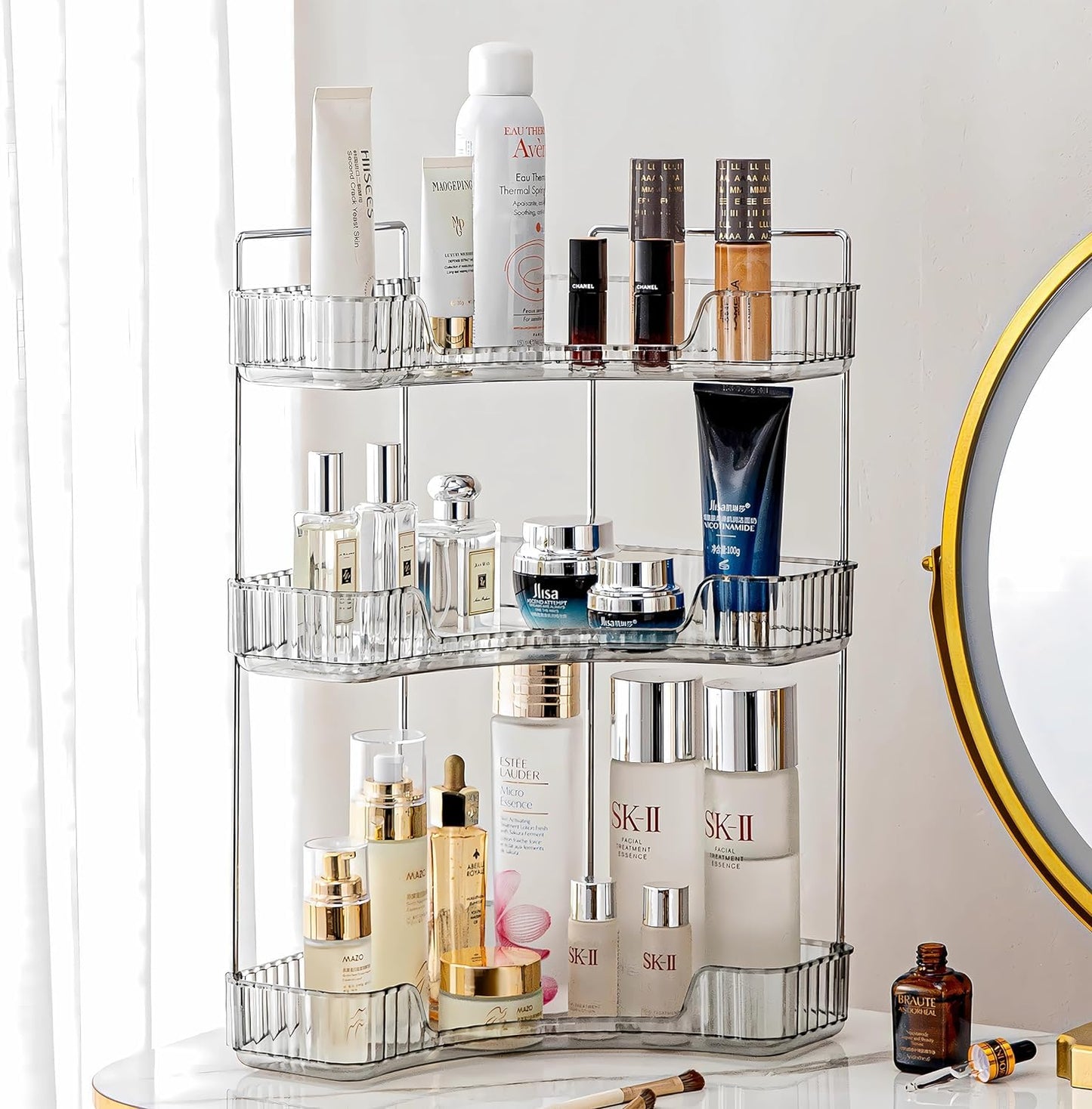 Bingobang Makeup Organiser Corner Trays, 3 Tiers Skincare Cosmetic Organizer Acrylic Large, Storage Tidy for Lipstick, Nail Care, Perfume, Brush, Vanity Dresser, Bedroom, Kitchen, Bathroom(Grey)