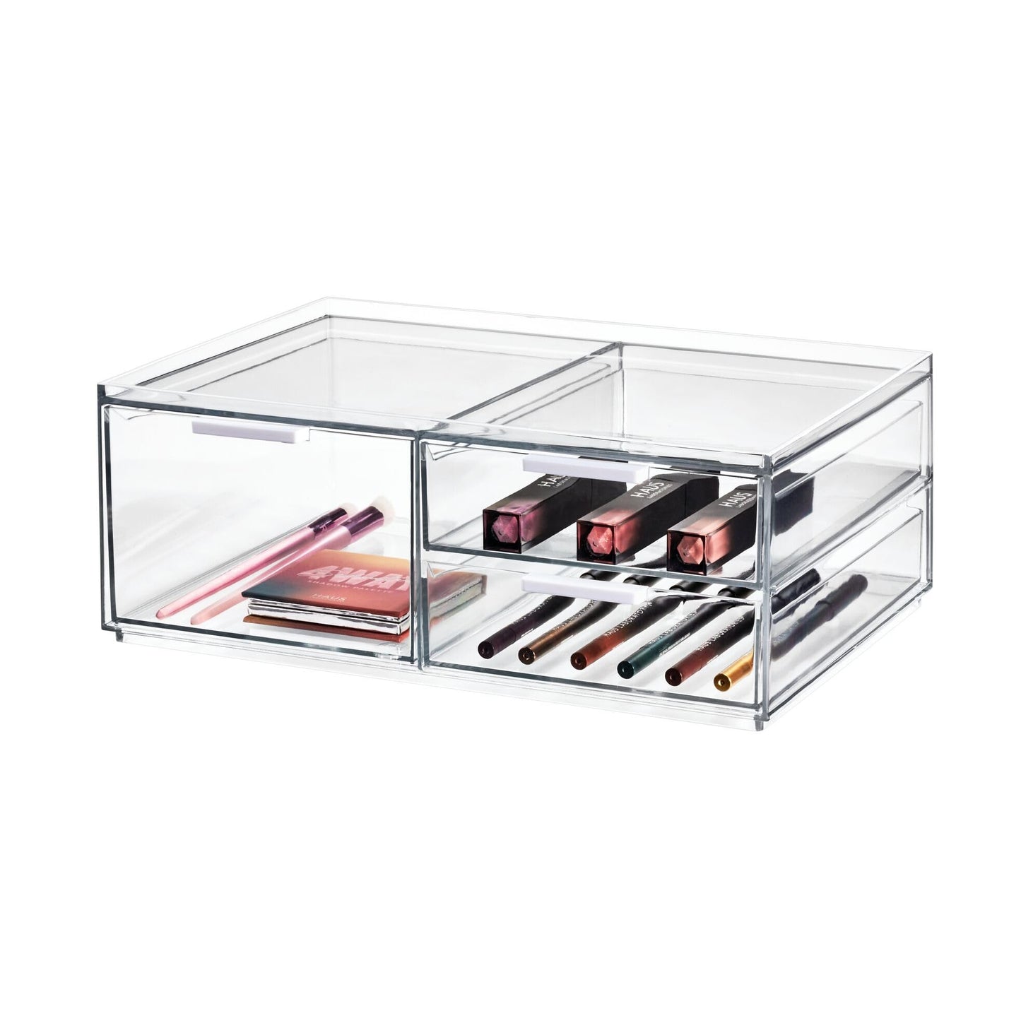iDesign Storage Drawer from the Signature Series by Sarah Tanno, Rectangular PET Makeup Tray for Beauty Products, Cosmetic Organiser System, Clear/Matte White, 10.2 cm x 20.3 cm x 5 cm