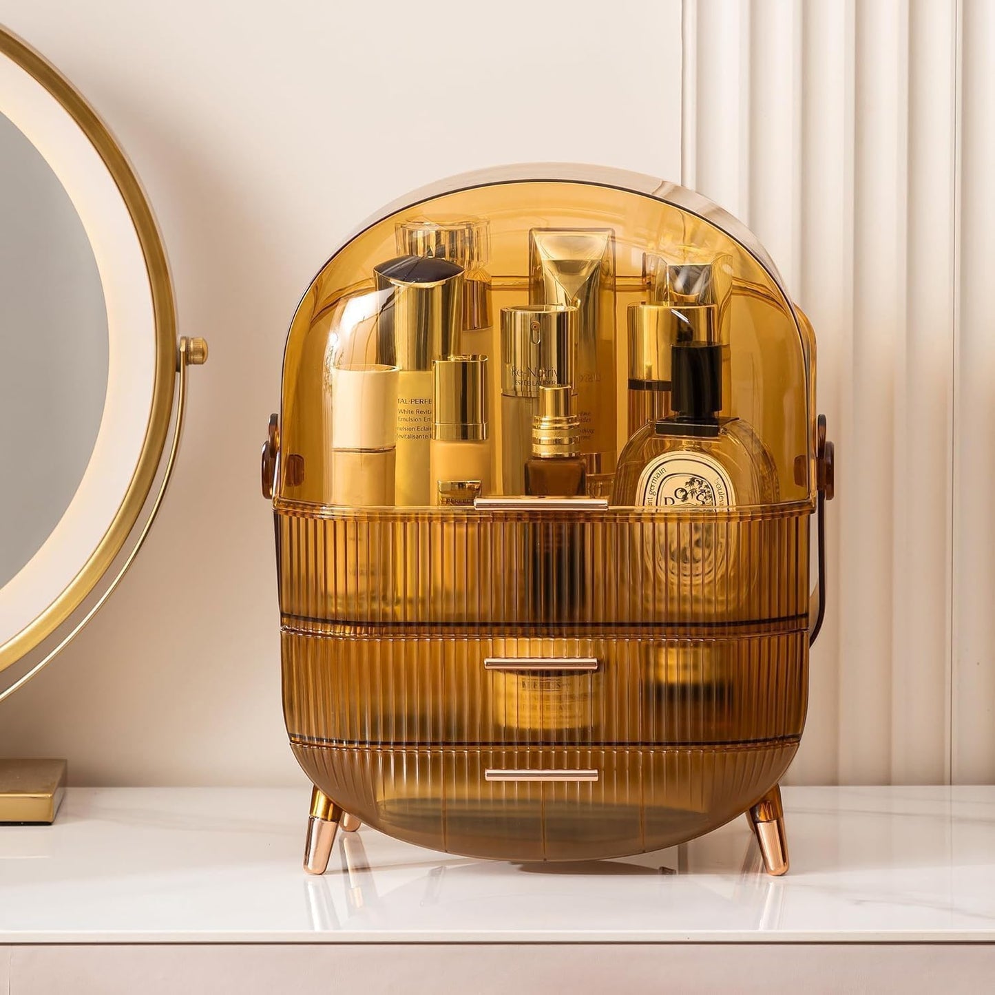 Makeup Organizer Box, Clear Cover Cosmetic Display Case with Two Tier Storage Box and Brush Storage Box, Skincare Organizers for Bathroom Countertop, Bedroom Vanity Desk and Travel (White)