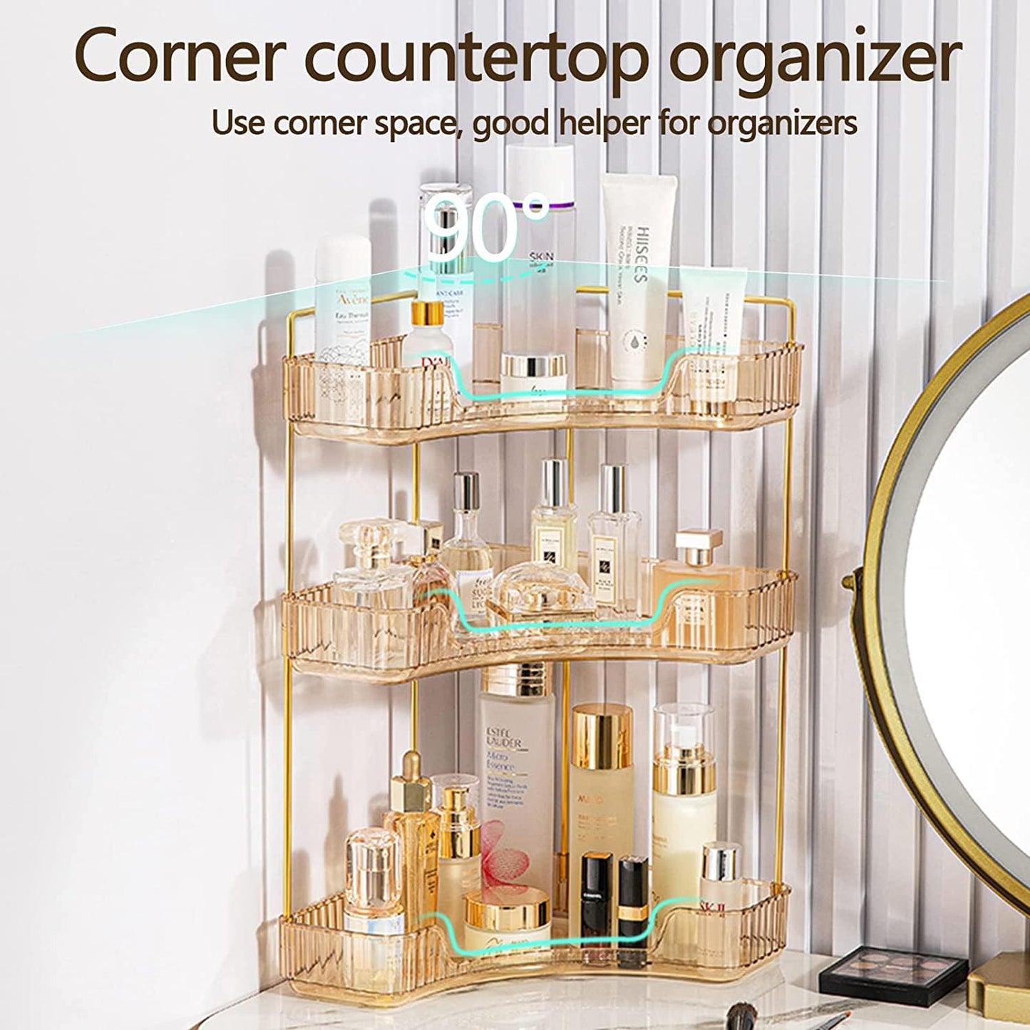 Bingobang Makeup Organiser Corner Trays, 3 Tiers Skincare Cosmetic Organizer Acrylic Large, Storage Tidy for Lipstick, Nail Care, Perfume, Brush, Vanity Dresser, Bedroom, Kitchen, Bathroom(Grey)