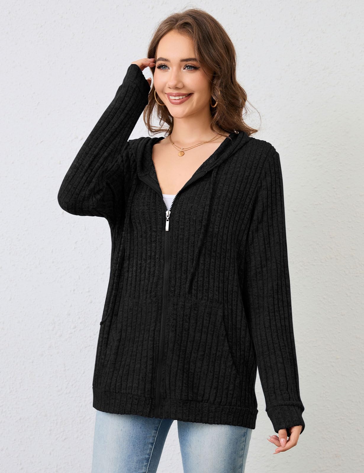 Flikity Womens Cardigans Zip Up Ladies Hoodies with Large Pockets Long Sleeve Tunic Tops Ladies Lightweight Jackets Casual Work Clothes M-XXL