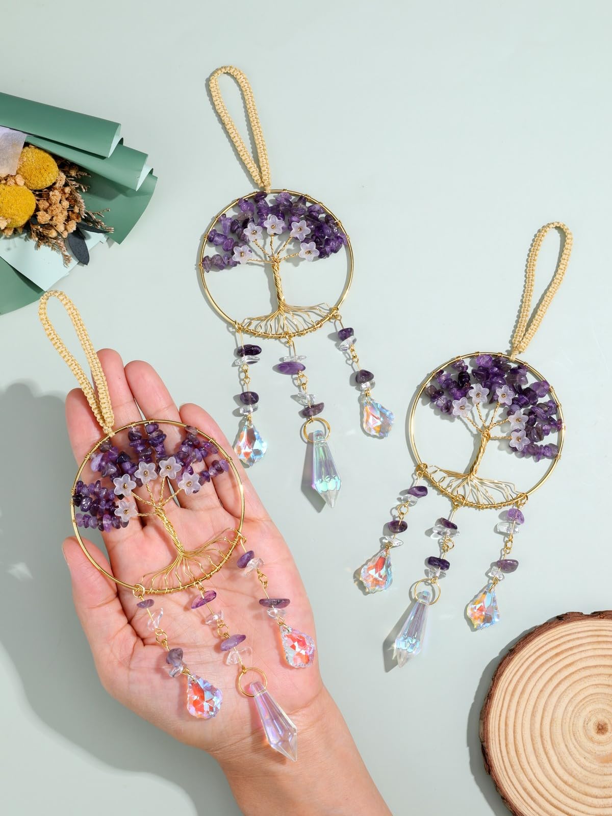 JOVIVI Chakra Tree of Life Crystals Suncatcher Hanging Ornaments Gifts for Women,Healing Crystal Gemstone Chakra Gifts,Sun Catchers for Windows Home Garden Decor