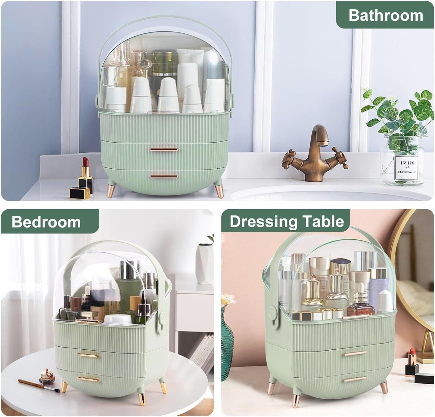 Makeup Organizer Box, Clear Cover Cosmetic Display Case with Two Tier Storage Box and Brush Storage Box, Skincare Organizers for Bathroom Countertop, Bedroom Vanity Desk and Travel (White)