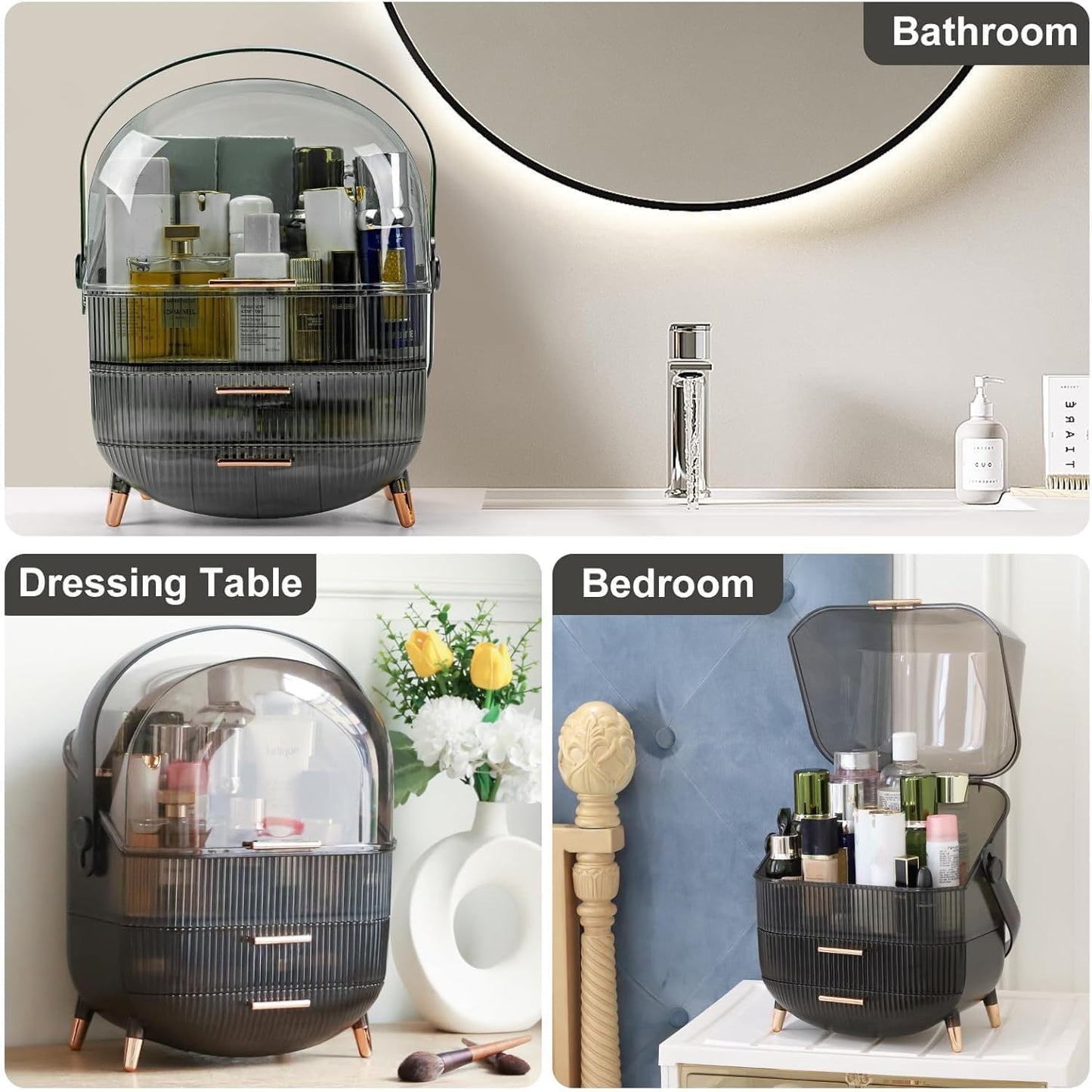 Makeup Organizer Box, Clear Cover Cosmetic Display Case with Two Tier Storage Box and Brush Storage Box, Skincare Organizers for Bathroom Countertop, Bedroom Vanity Desk and Travel (White)