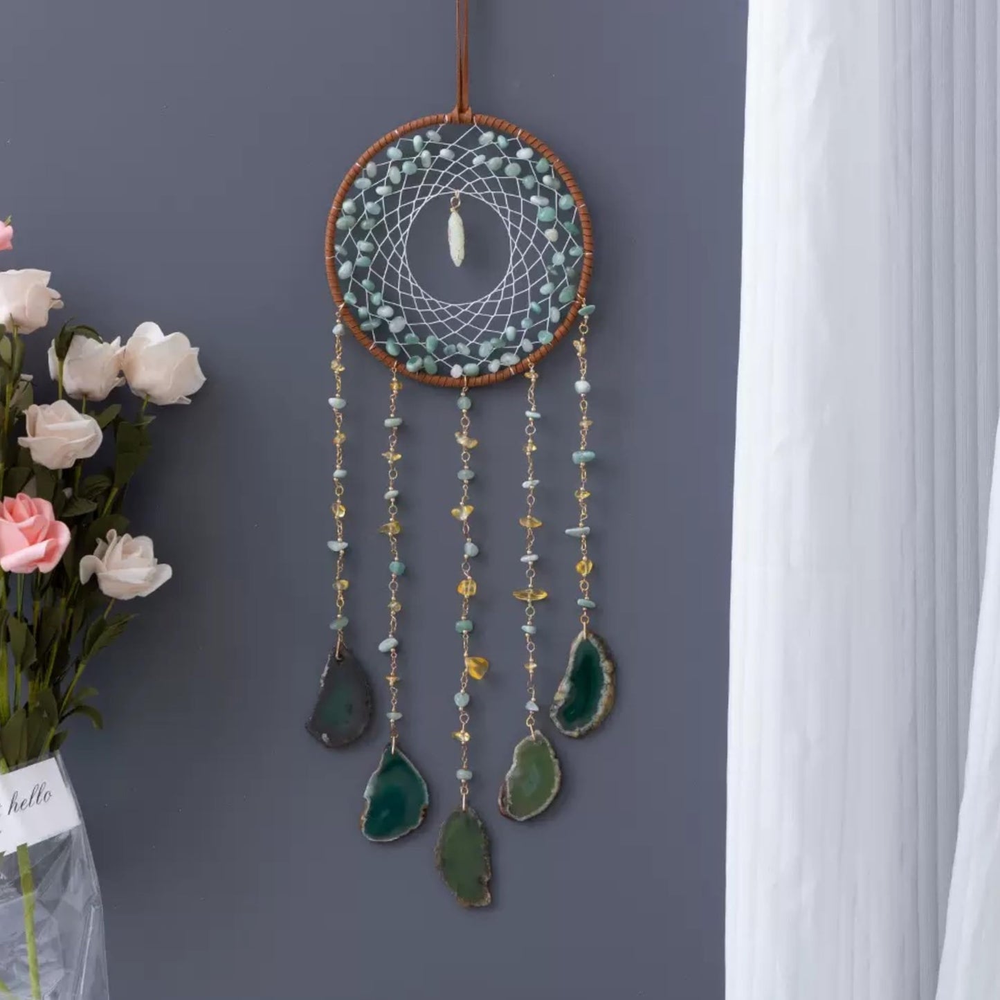 Moon Crystals Tree of Life Dream Catchers,Natural Gem Agate Wall Hangings for Windows Garden Home Décor (New moon shape)