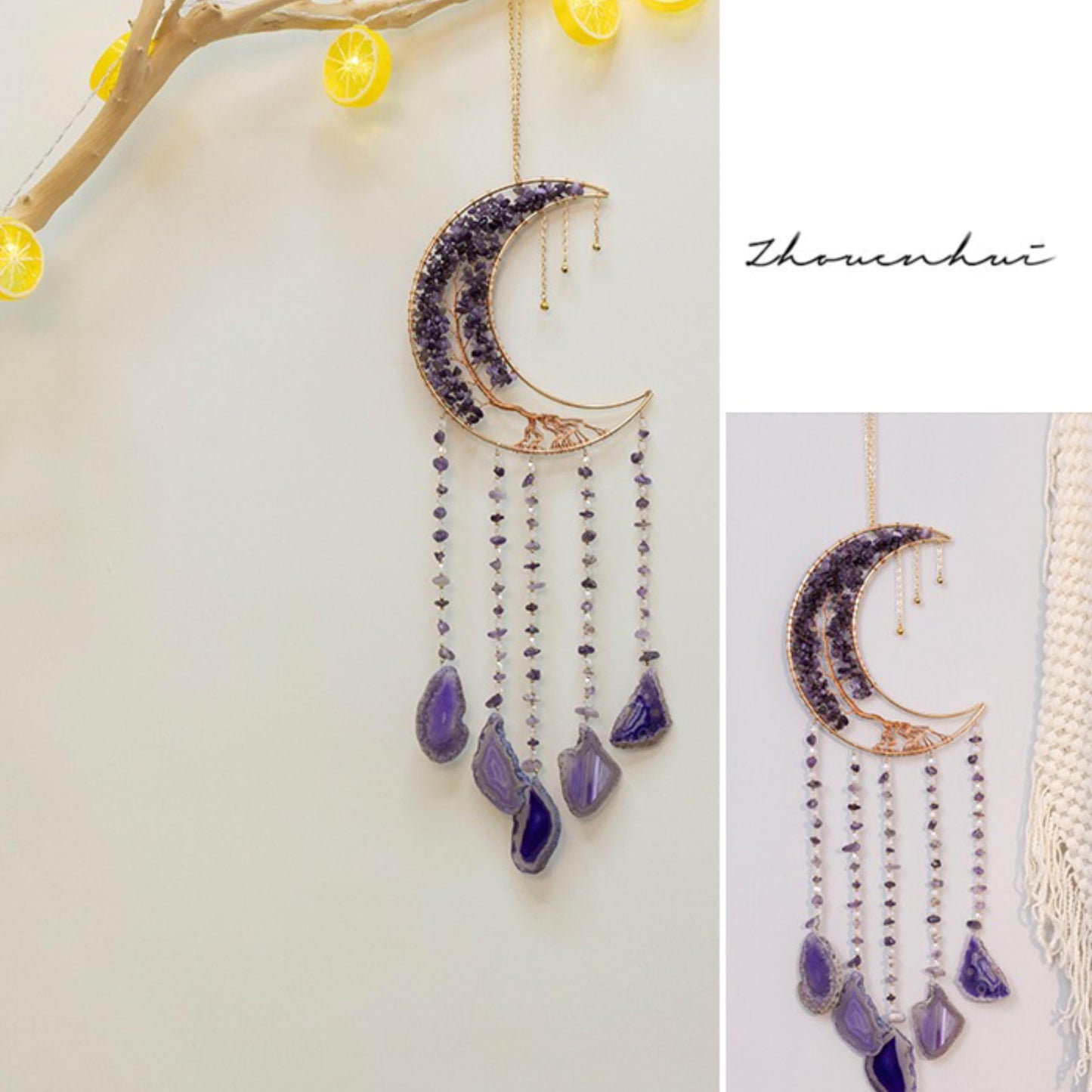 Moon Crystals Tree of Life Dream Catchers,Natural Gem Agate Wall Hangings for Windows Garden Home Décor (New moon shape)