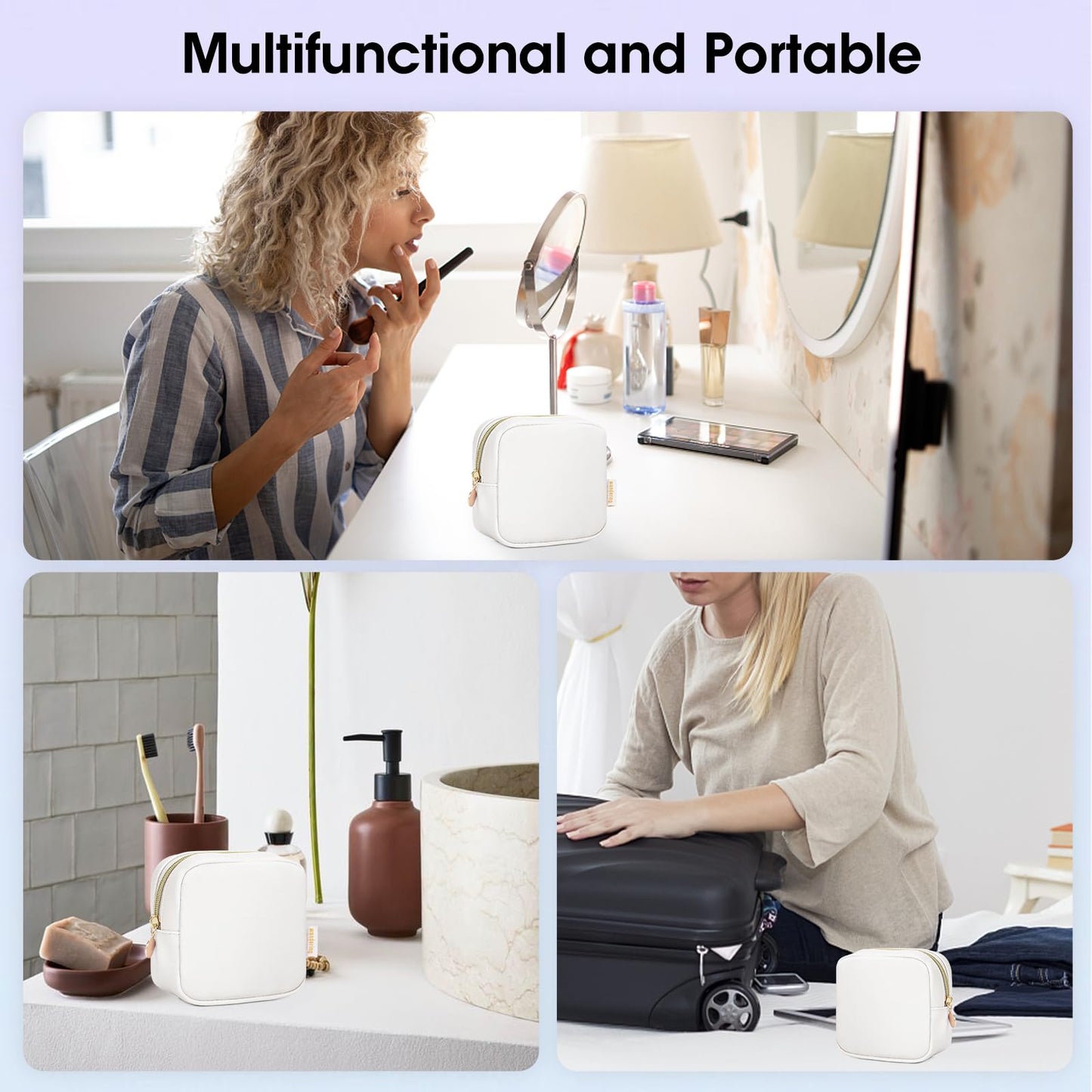 Small Makeup Bag for Handbag, Mini Make Up Bag for Purse, Small Makeup Pouch for Women, Cosmetic Bag with Slip-in Pockets, Vegan Leather Travel Makeup Bag, Black (Patent Pending)