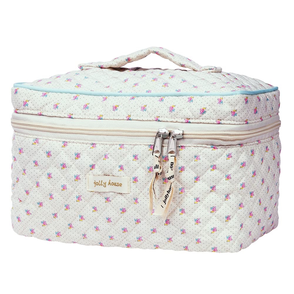 Aucuu Cotton Makeup Bag, Portable Travel Cosmetic Bag, Large Capacity Floral Toiletry Bags, Quilted Wash Bags Organizer for Women Girls