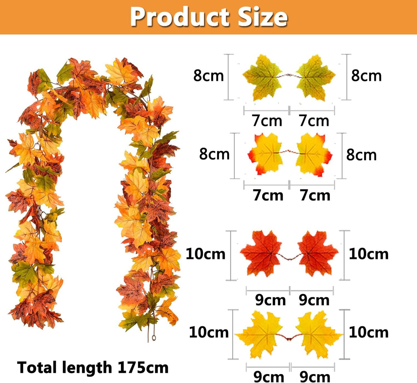 Artificial Autumn Maple Leaves Garland Autumn Decorations, Fall Hanging Plant for Home Garden Wall Doorway Backdrop Fireplace Decoration, Wedding Party Thanksgiving Decor,Yellow,1.75m