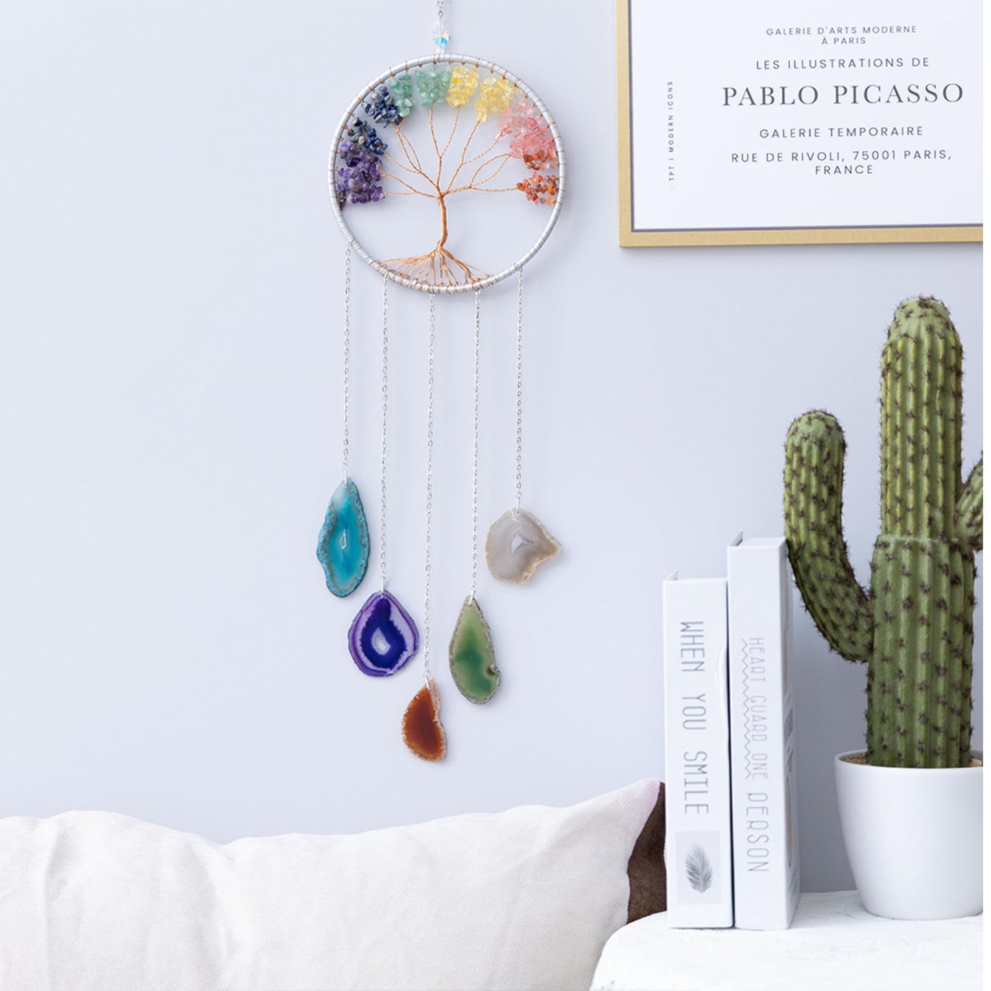 Moon Crystals Tree of Life Dream Catchers,Natural Gem Agate Wall Hangings for Windows Garden Home Décor (New moon shape)