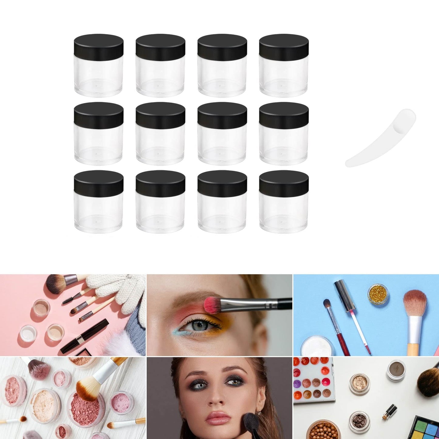 12pcs 10 Gram 10ml Jars, Sample Pots, Mini Jars With Lids, Clear Round Plastic Jar With 1 Mini Spatulas For Various Cosmetic Products, Samples， Eye Shadow Lip Balm, and Nail Powder