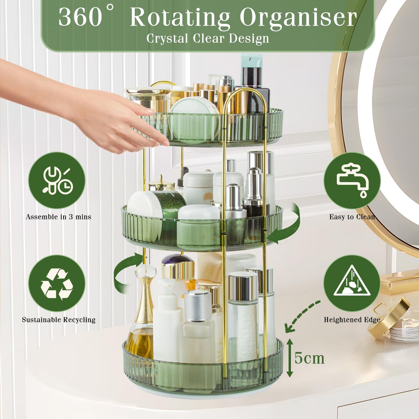 Boxalls Make up Organiser 360° Rotating, 3 Tier Large Capacity Bathroom Organizer, Cosmetics Vanity Storage, Dressing Table Organiser, Skincare Spinning Carousel for Skincare Perfume (3 Tiers, Green)
