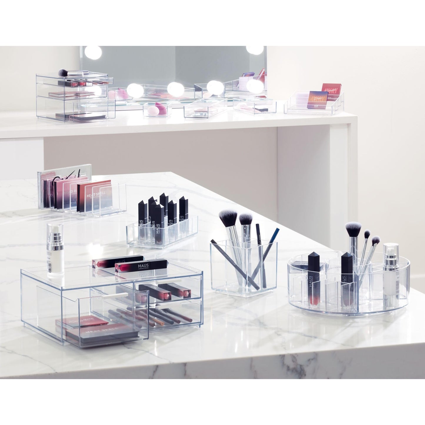 iDesign Storage Drawer from the Signature Series by Sarah Tanno, Rectangular PET Makeup Tray for Beauty Products, Cosmetic Organiser System, Clear/Matte White, 10.2 cm x 20.3 cm x 5 cm