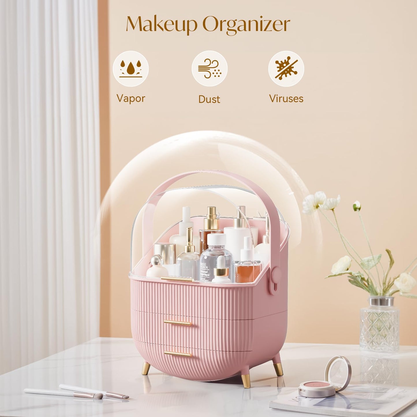 Multi-Function Make Up Case Dustproof Cosmetic Storage Box, Organizer Skin Care Products Jewelry Organizer Finishing Box for Bedroom Bathroom Desktop (Pink)