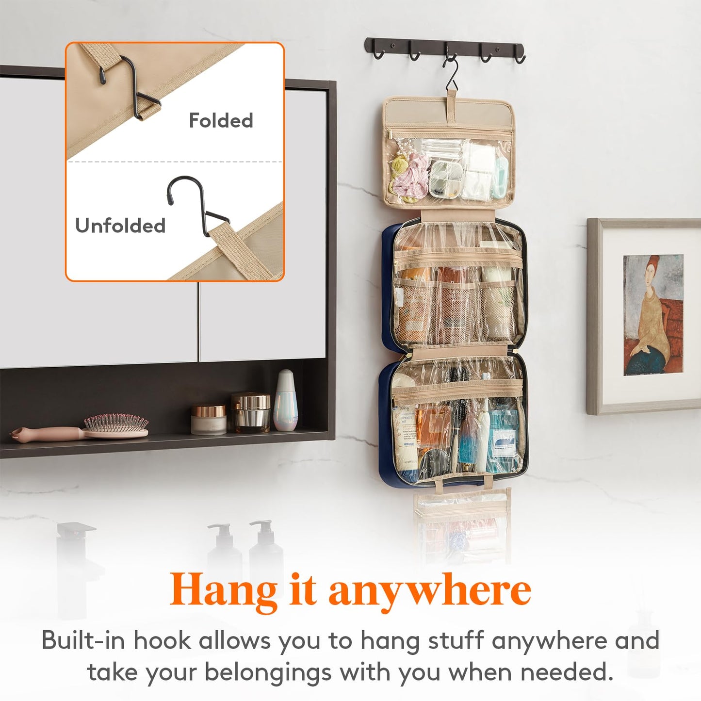 Lifewit Travel Toiletry Bag, Large Hanging Makeup Bag Organizer for Women, Transparent Travel Cosmetic Bag with Hanging Hook for Full Size Bottles, Vacation Essentials, Medium,Dark Blue