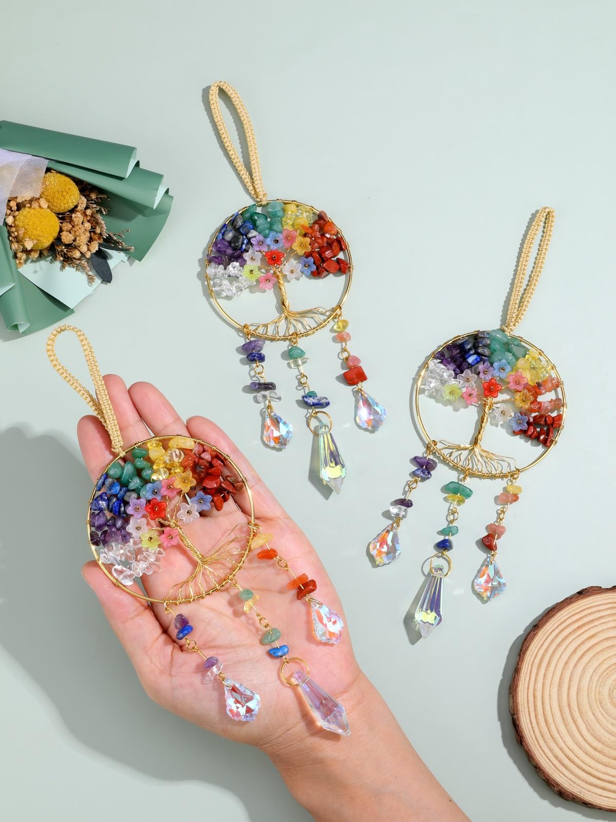 JOVIVI Chakra Tree of Life Crystals Suncatcher Hanging Ornaments Gifts for Women,Healing Crystal Gemstone Chakra Gifts,Sun Catchers for Windows Home Garden Decor