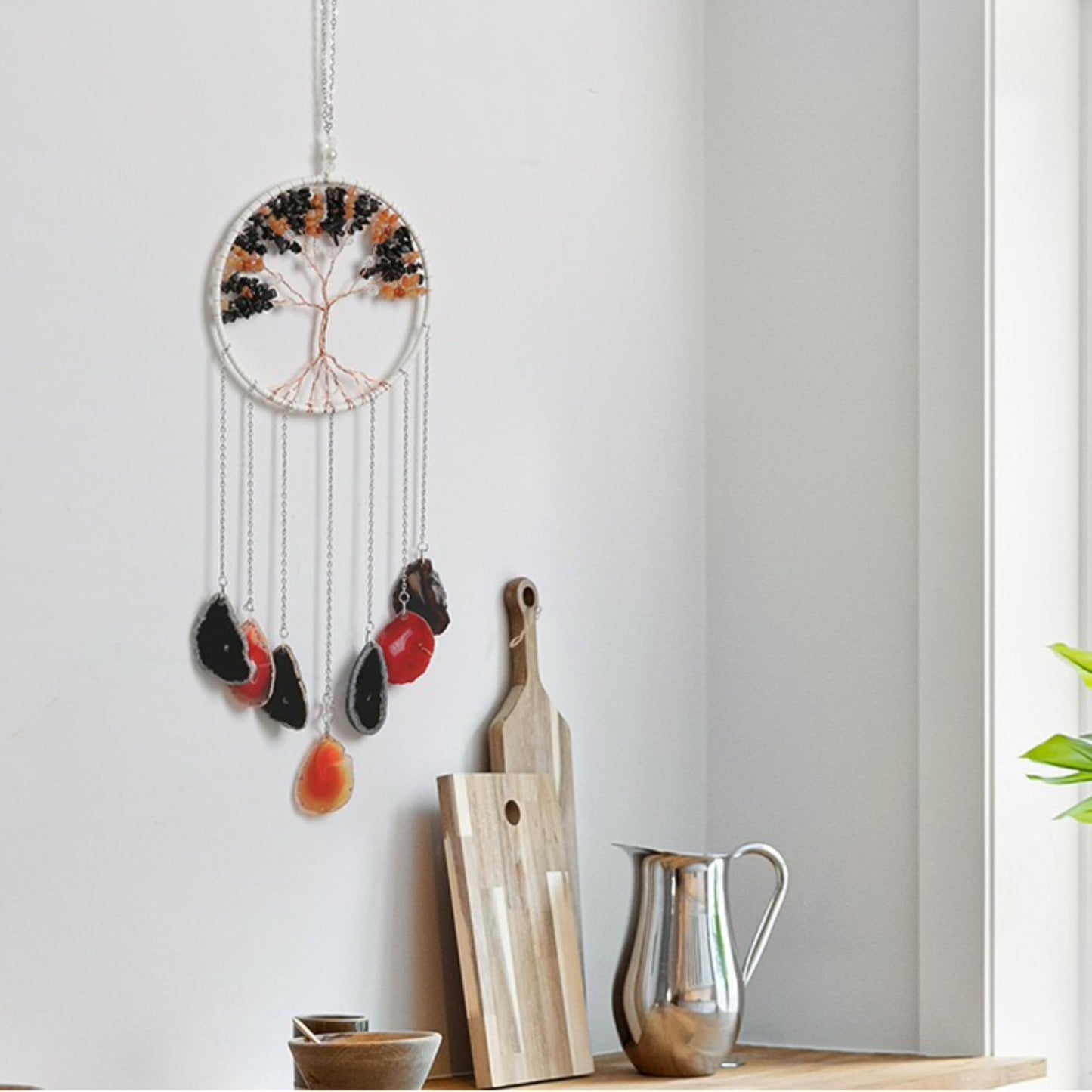 Moon Crystals Tree of Life Dream Catchers,Natural Gem Agate Wall Hangings for Windows Garden Home Décor (New moon shape)