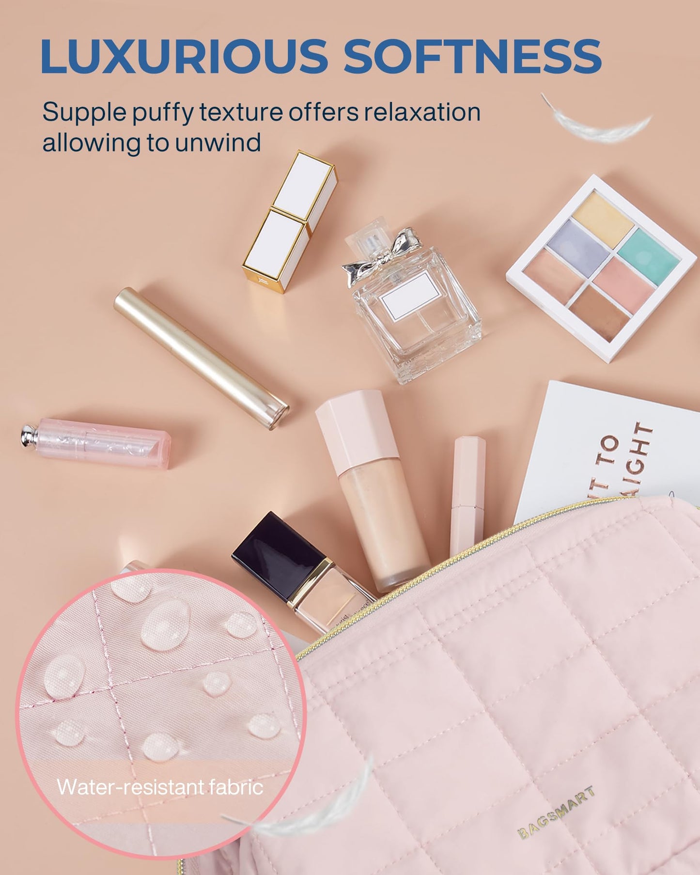 BAGSMART Makeup Bag Travel Cosmetic Bag, Puffy Padded Make Up Bags for Women, Large Capacity Wide-Open Travel-Size Toiletries Pouch, Purple