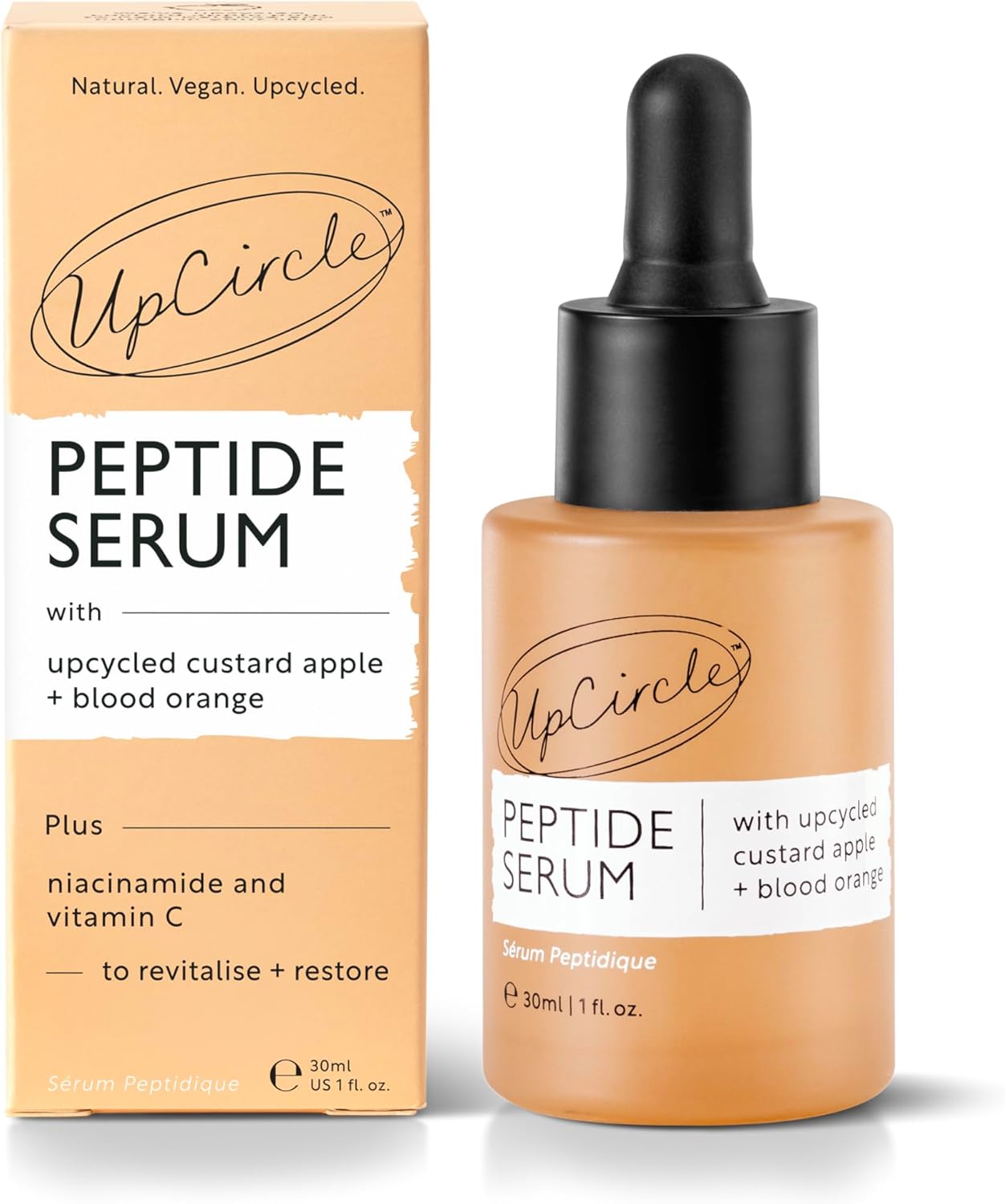 UpCircle Peptide Serum 30ml – Improves Skin Elasticity + Boosts Collagen – Custard Apple, Rich In Vitamin C + Blood Orange Brightens Skin - Vegan + Cruelty-Free