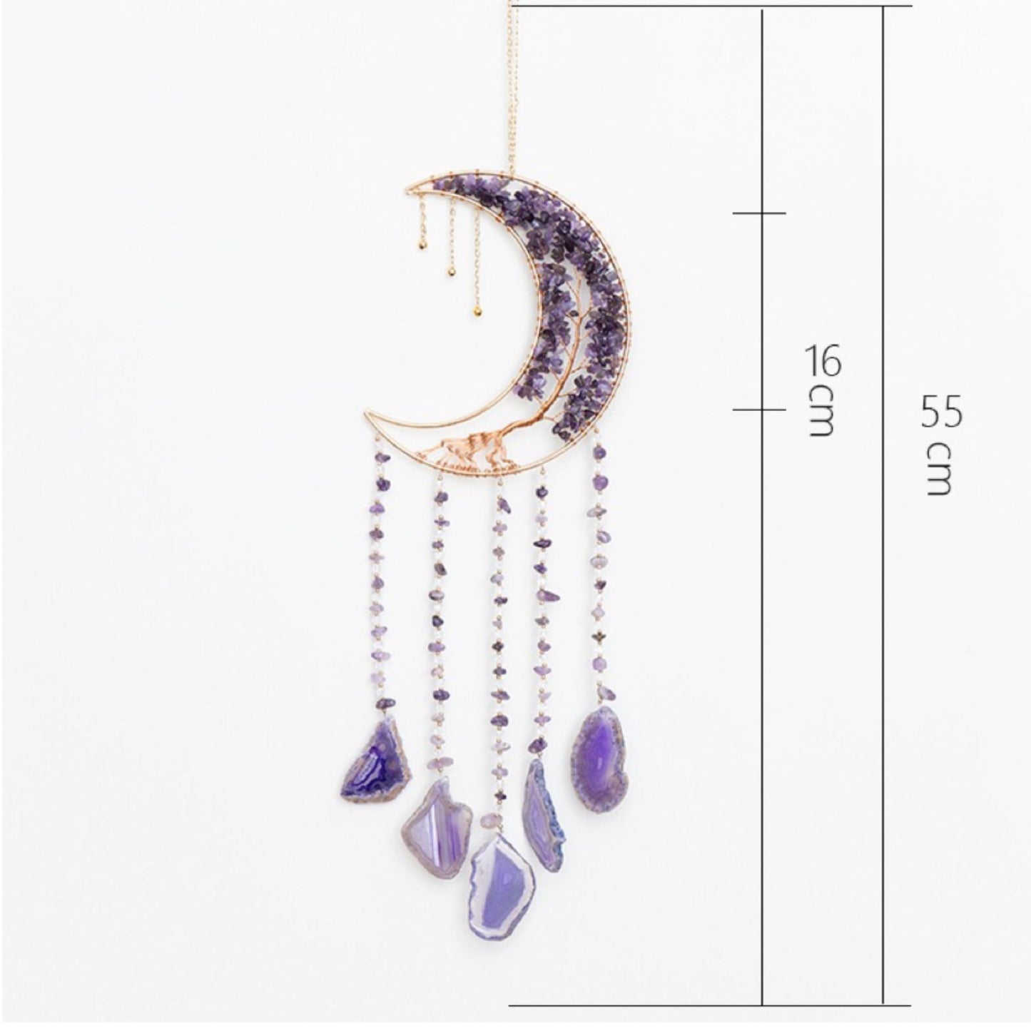 Moon Crystals Tree of Life Dream Catchers,Natural Gem Agate Wall Hangings for Windows Garden Home Décor (New moon shape)