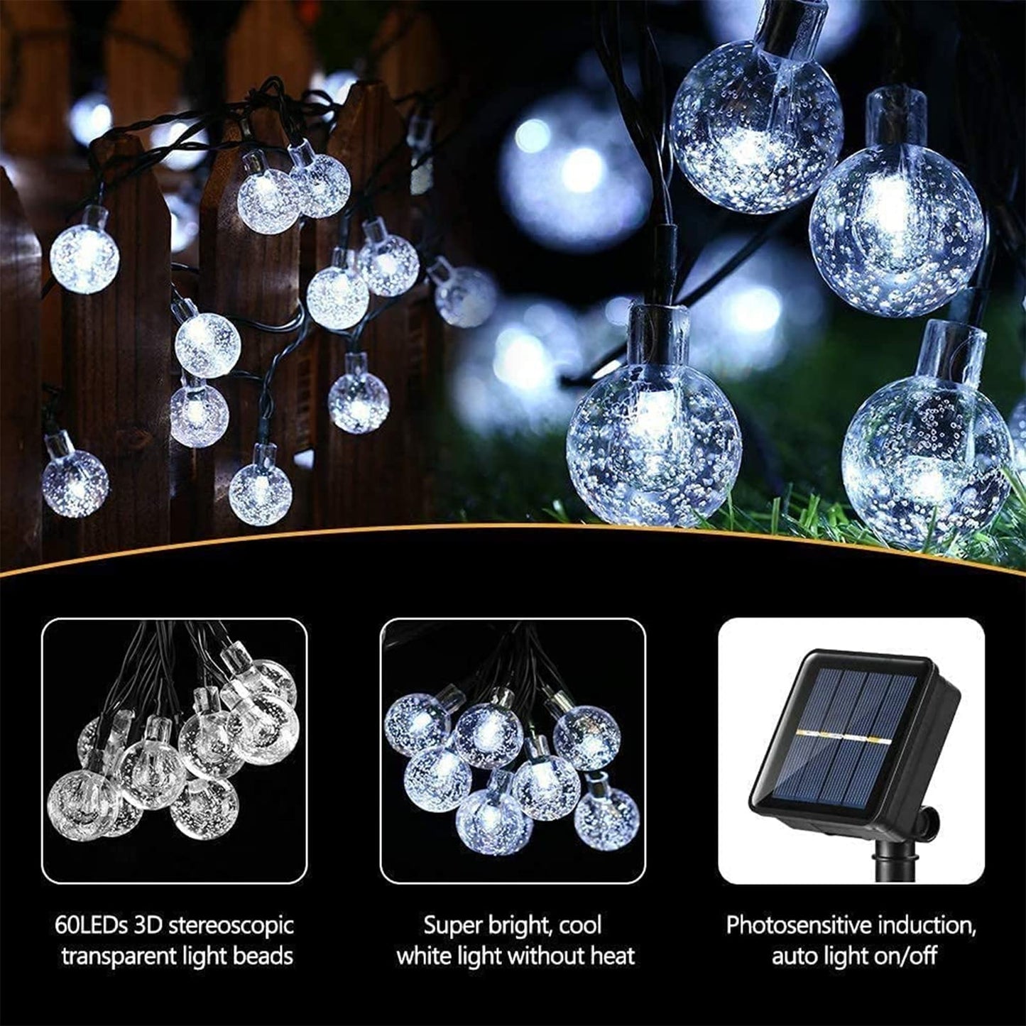 Solar Garden Lights Outdoor, 36ft 60 LED Solar String Lights Waterproof, Solar Powered Crystal Ball Indoor/Outdoor Fairy Lights Decorative for Garden, Patio, Yard, Festival, Parties (White)